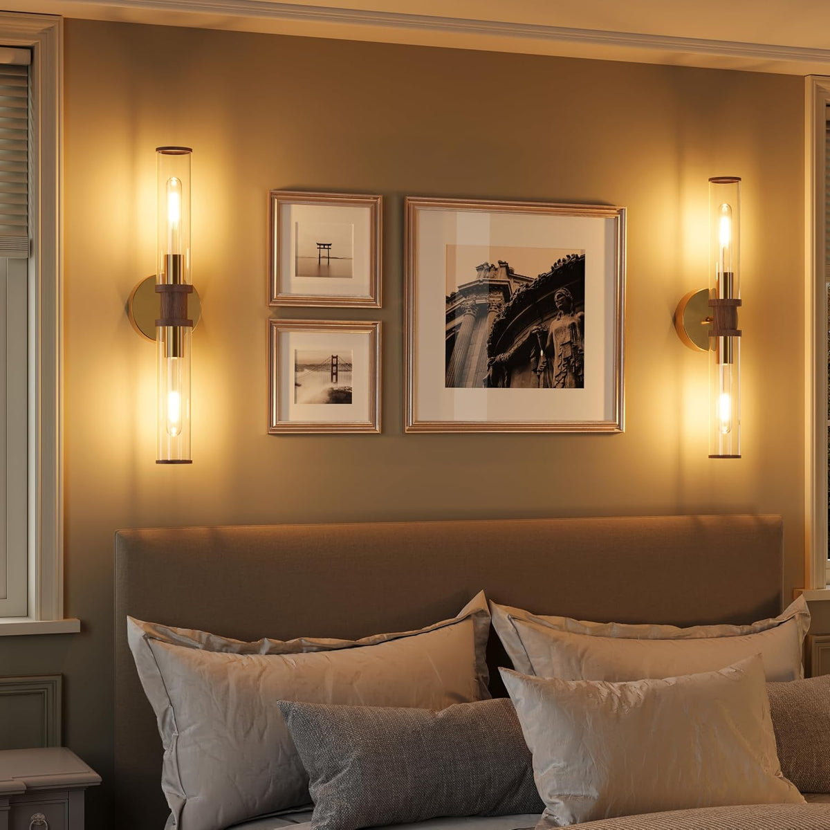 Rayogale Gold & Walnut Wireless Battery Operated Wall Sconces with Remote | Glass Rechargeable Wall Lights Set of 2
