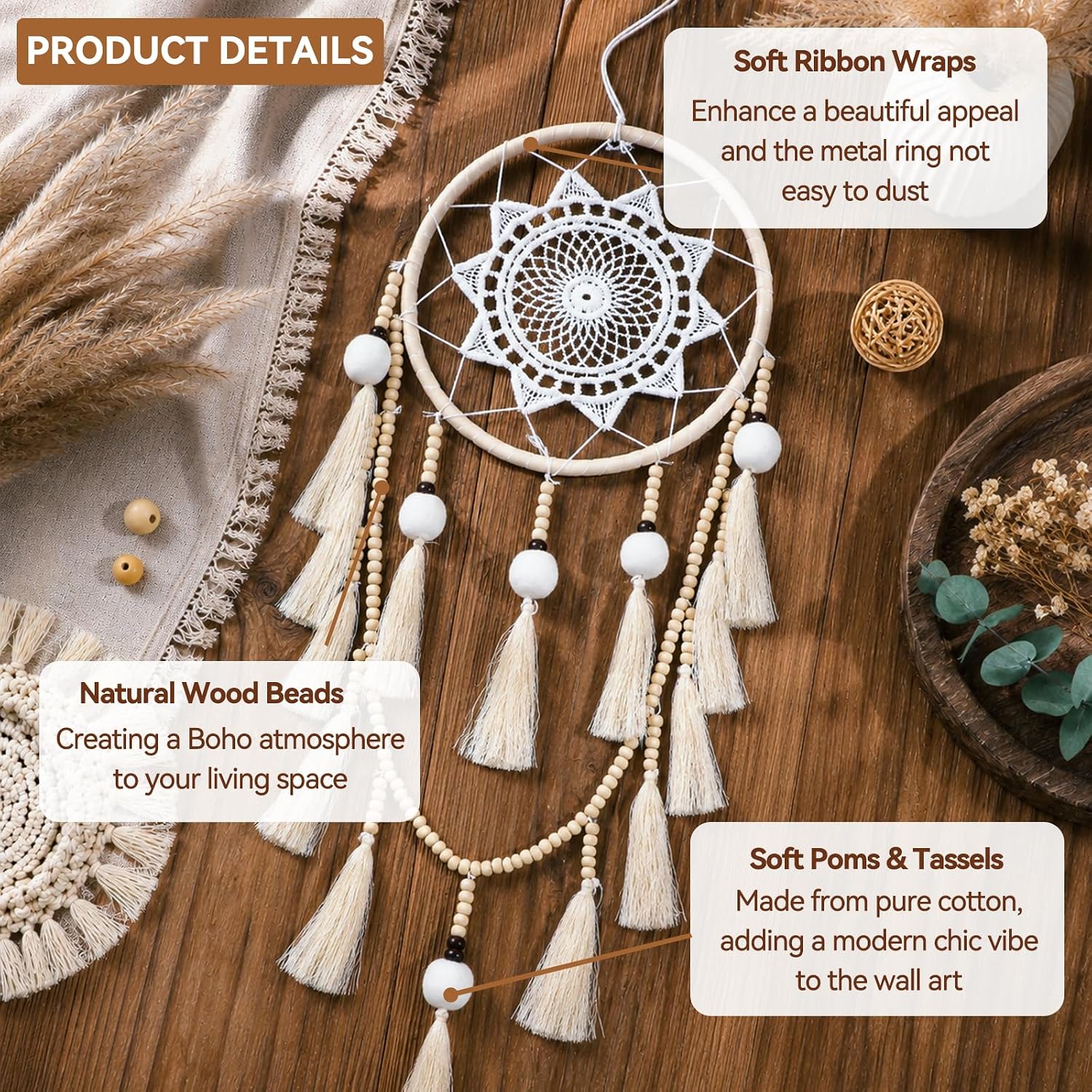 Macrame Wall Hanging Dream Catcher / White Poms