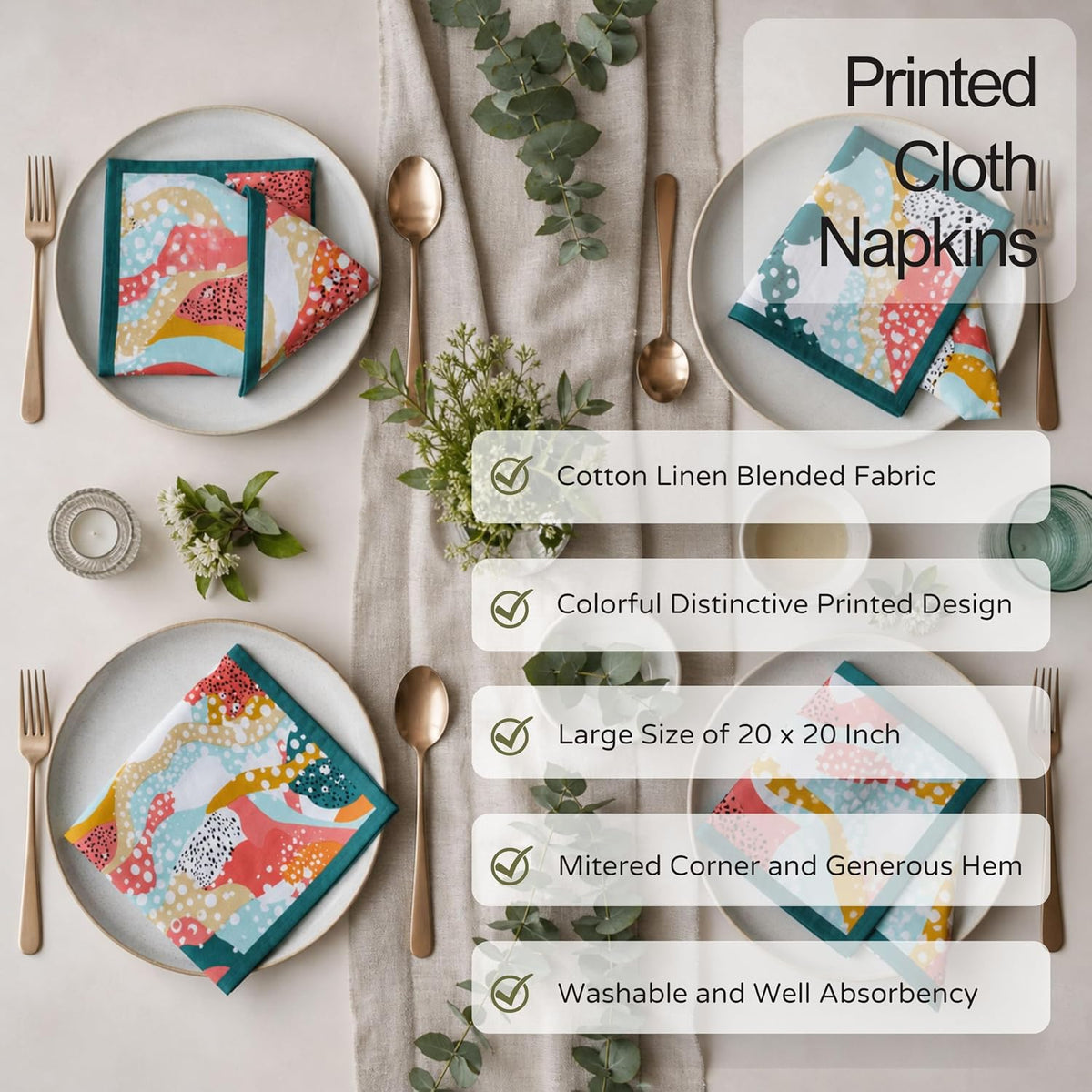 FINGERCRAFT Cloth Napkins Set of 12, 100% Cotton, 20x20 Inch Pastel Splash | Mitered corner, washable, soft, absorbent