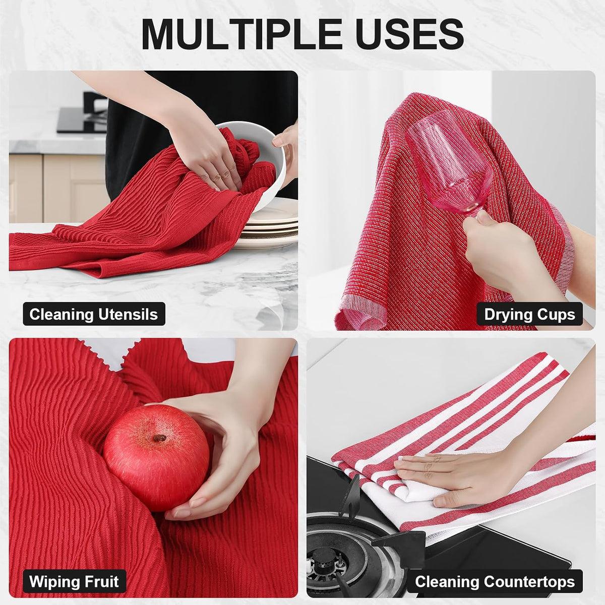 Homaxy Cotton 380 GSM Premium Kitchen Towels, 18"x 28", 12 Pack, Red | Soft and Absorbent Terry Dish Towels