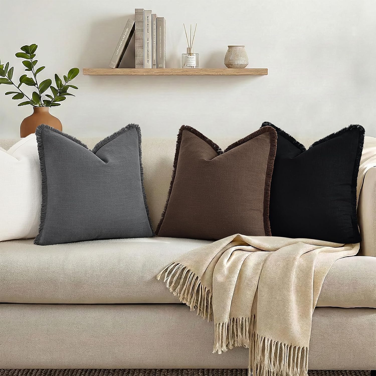 Summer Decorative Neutral Linen Fringe Throw Pillow Covers Pillow / Chocolate / 18 x 18 / Set of 2