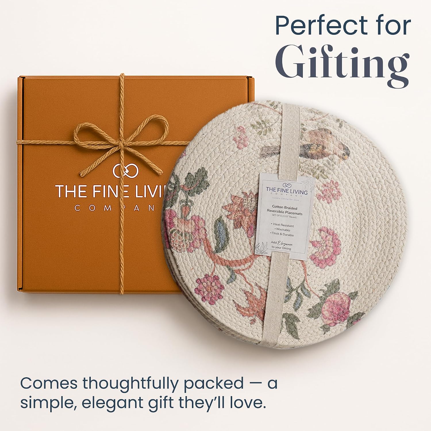 The Fine Living Braided Cotton Placemats, Round Table Mats, Set of 6,13.5" | Washable Anti-Slip Heat Resistant Braided
