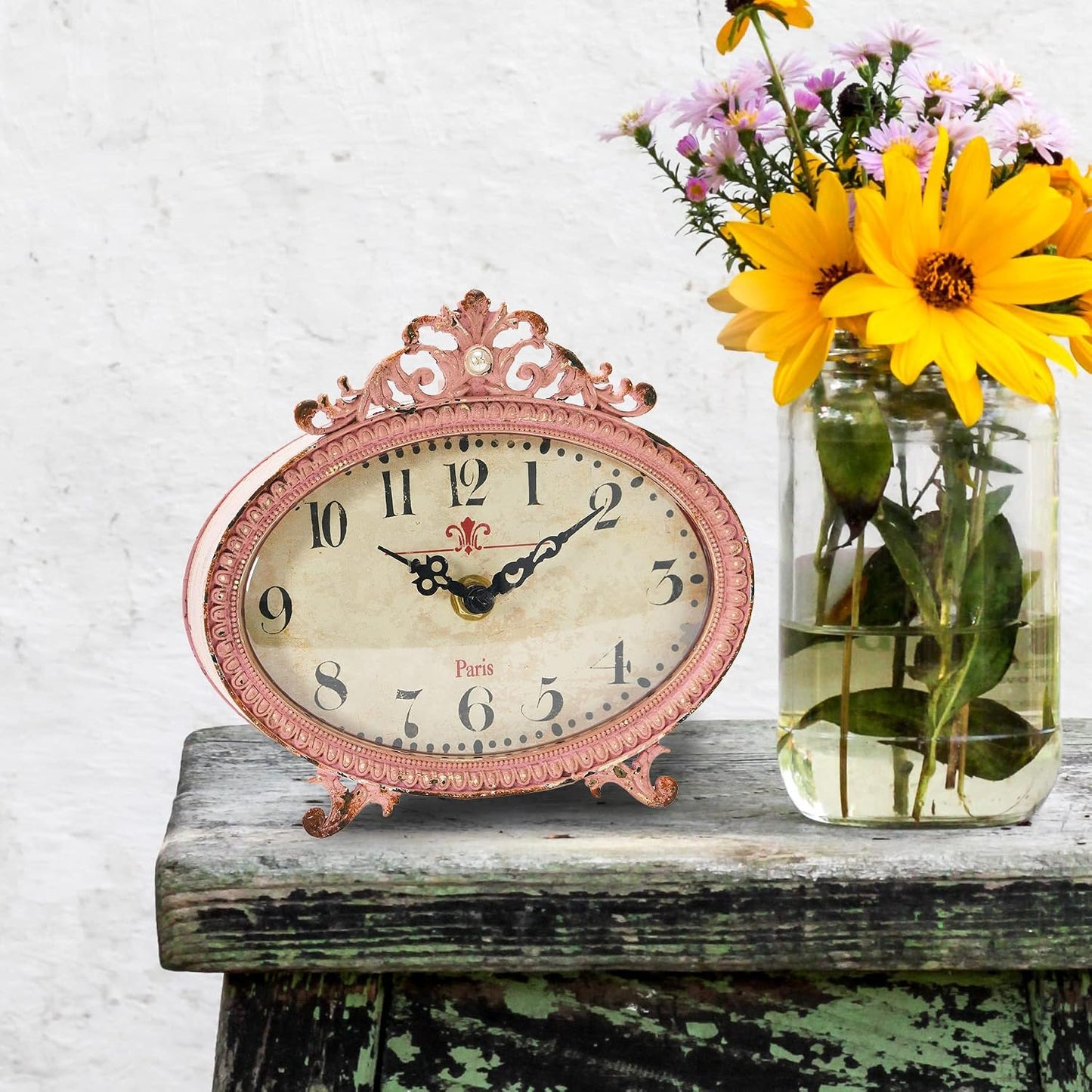 Creative Co-Op Distressed Pewter Mantel Clock, Pink
