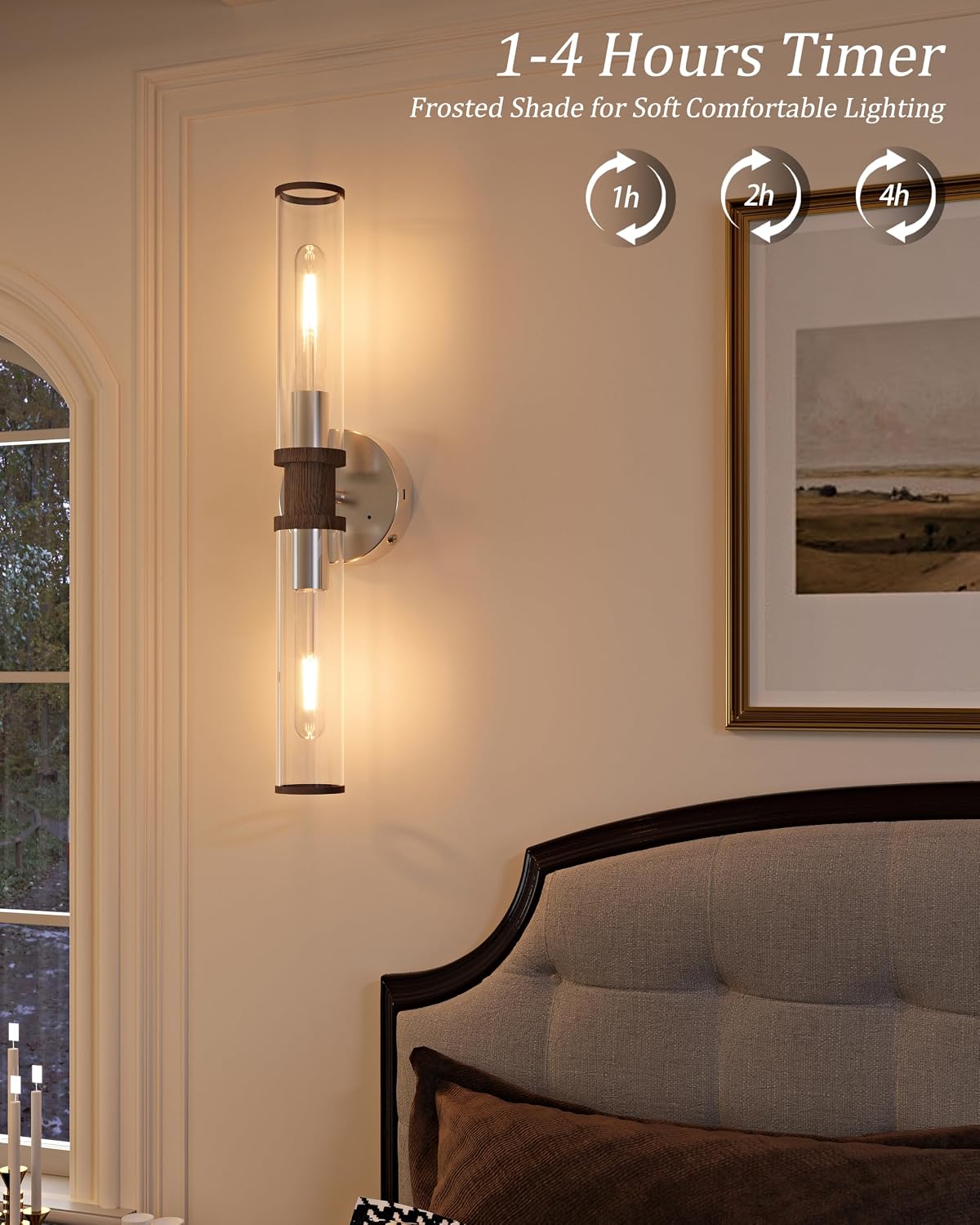 Rayogale Nickel & Walnut Wireless Battery Operated Wall Sconces with Remote | Glass Rechargeable Wall Lights Set of 2