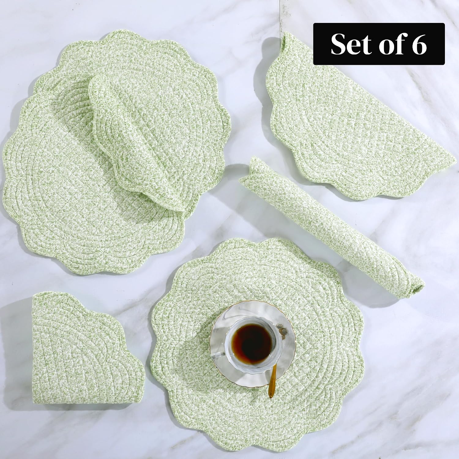 HOMBYS Quilted Placemats Set of 6 Washable Round Placemats for Kitchen Table-100% Cotton Fabric 14 Inch Round Table