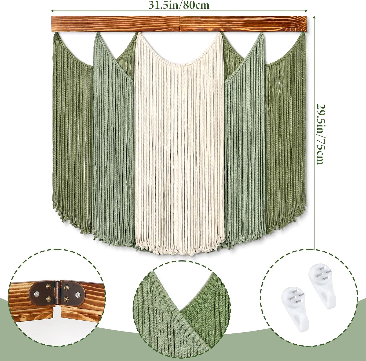 Macrame Wall Hanging Dip-Dyed Large Boho Wall Decor Yarn Tapestry Handmade Sage Woven / Green