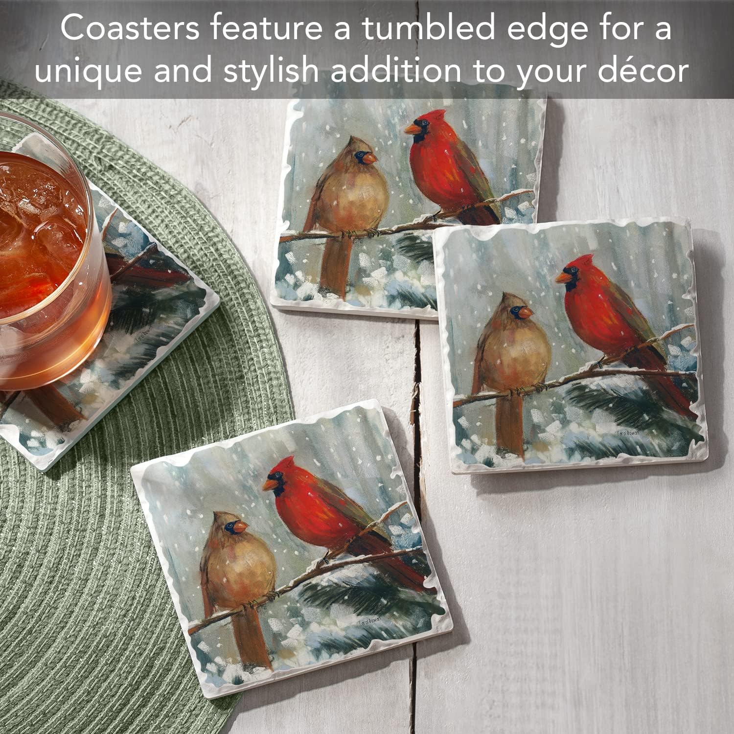 Thirstystone Assorted Tumbled Tile Stone Coasters / Winter Birds / Set of 4