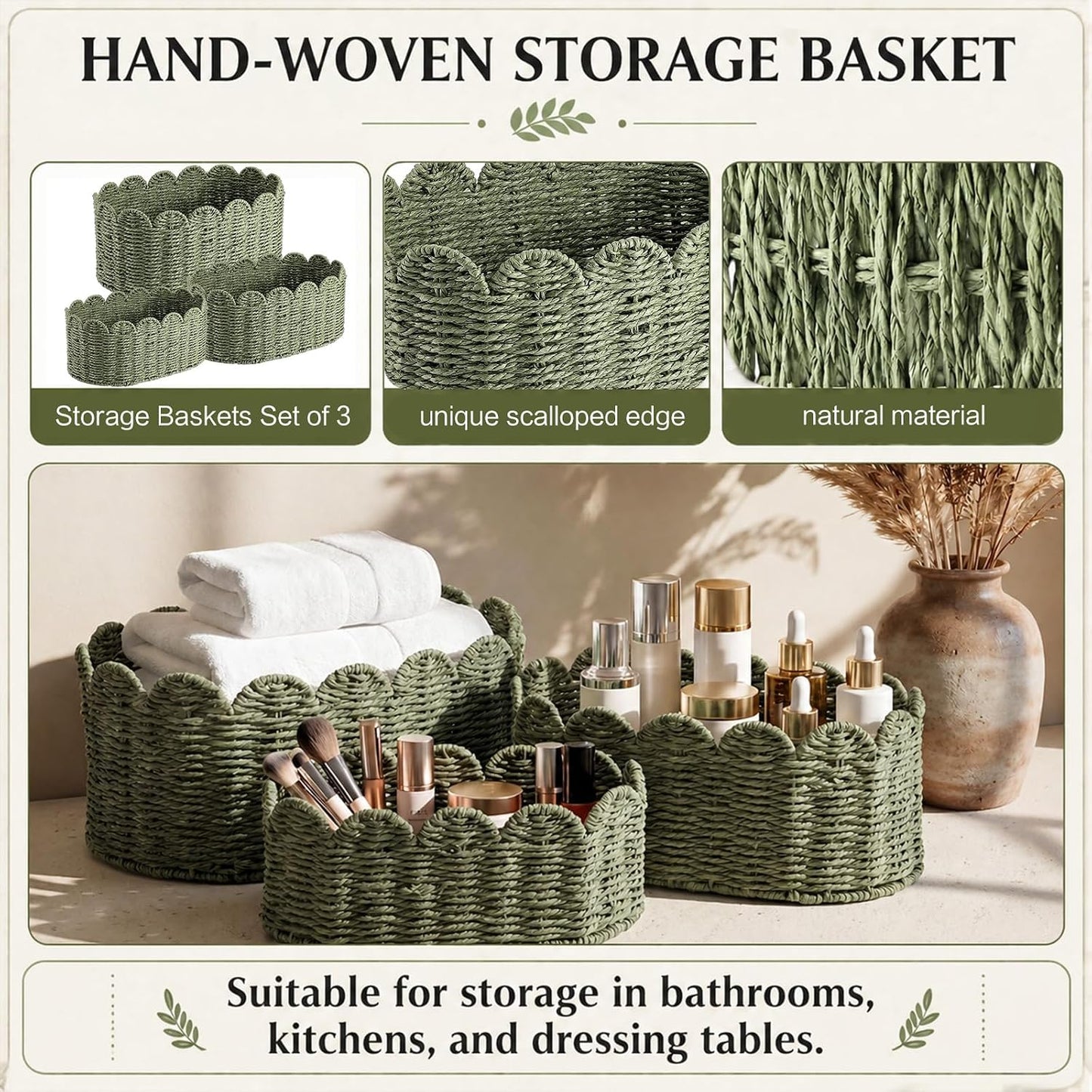 Scalloped Baskets for Organizing Paper Rope Storage Baskets Shelves / Sage Green / Set of 3