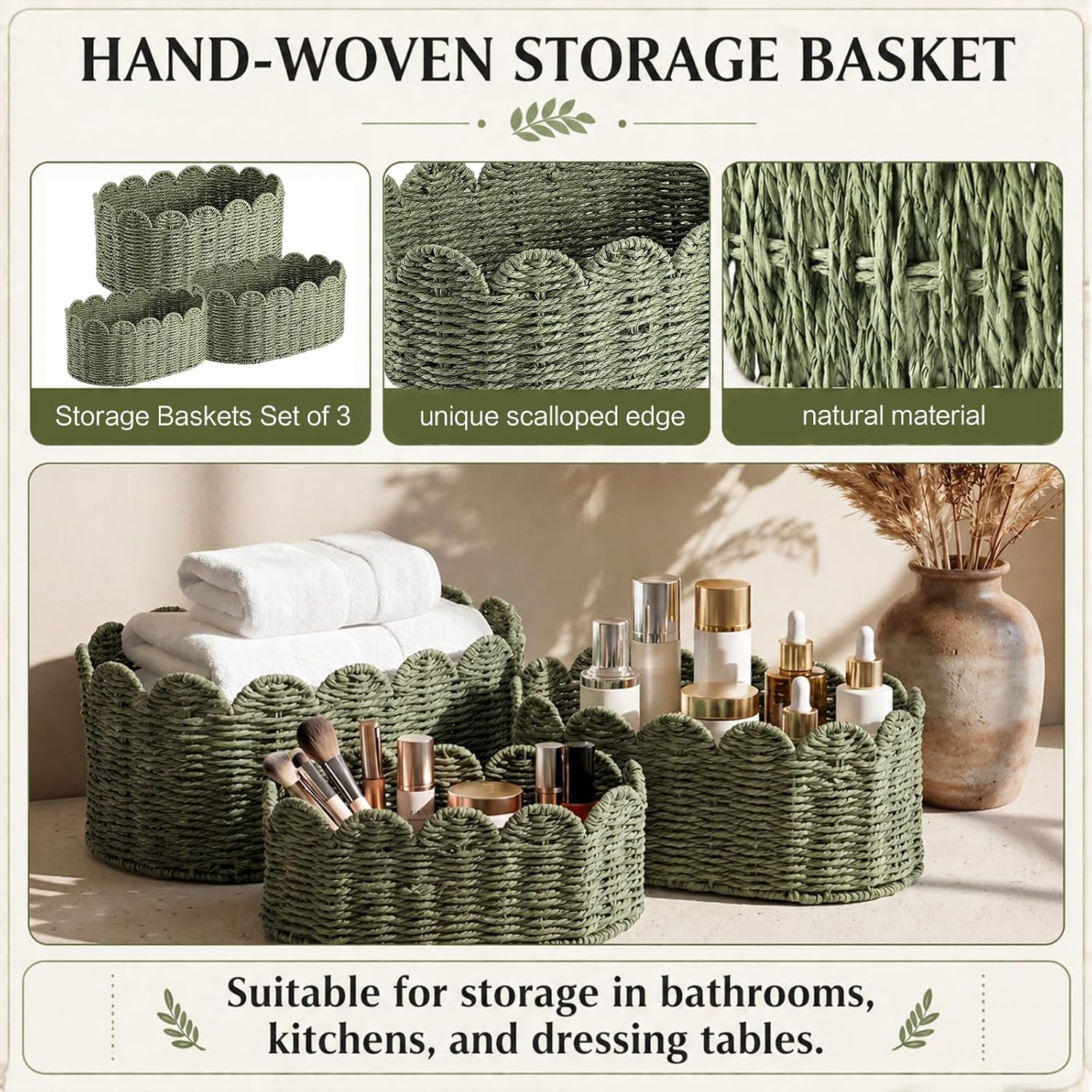 Scalloped Baskets for Organizing Paper Rope Storage Baskets Shelves / Sage Green / Set of 3