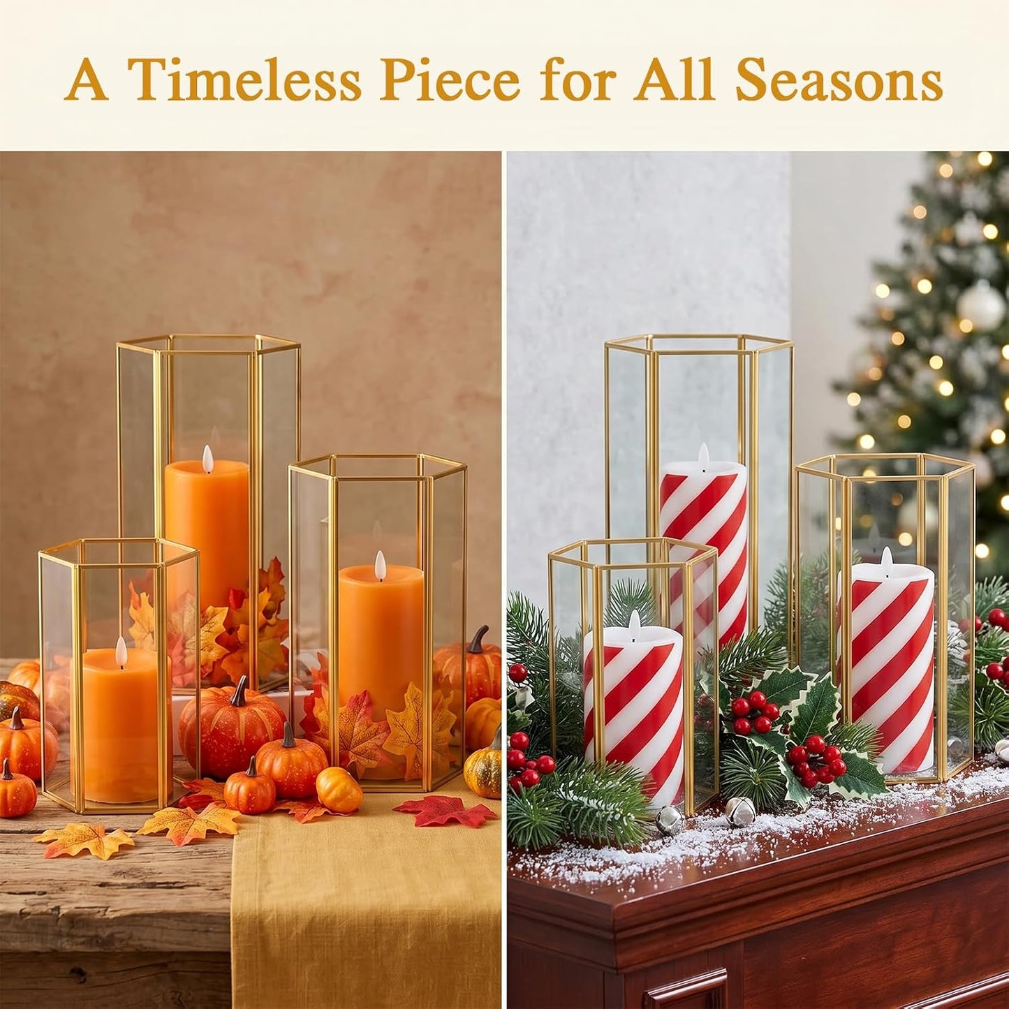 Gold Glass Hurricane Candle Holder Set of 3 Large Clear Hexagon Lanterns | Pillar Candle Lantern with Gold Metal Frame