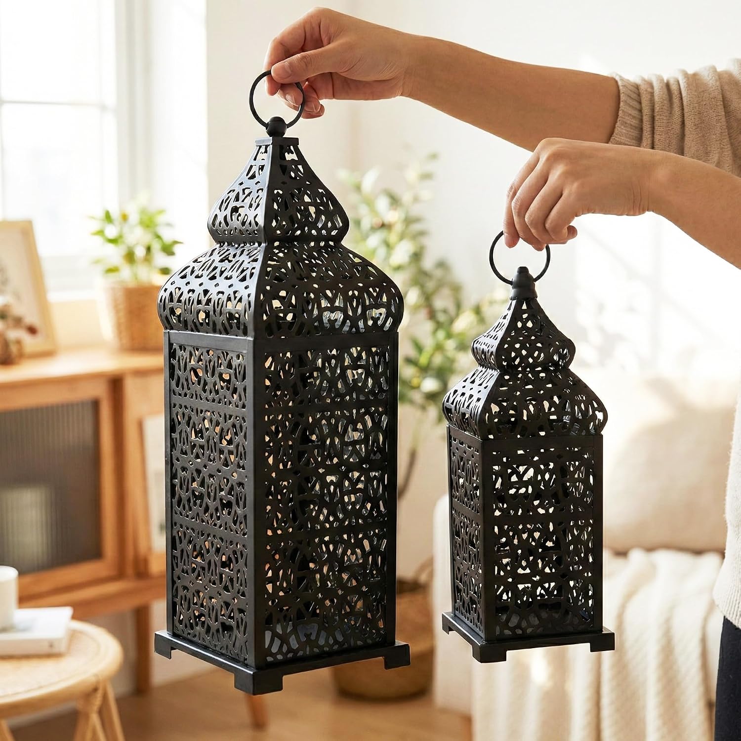 Vela Lanterns Decorative Indoor Moroccan Candle Holders, Black, Set of 2 | Halloween & Ramadan Decorations for Home
