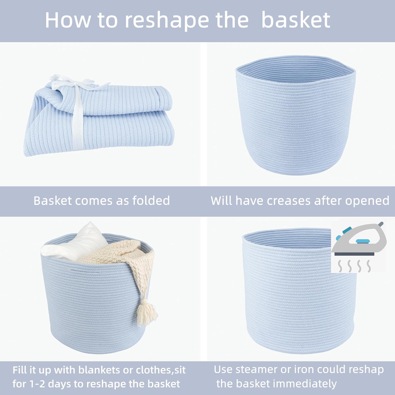 Cotton Rope Basket For Girls Boys Kids " Baby Laundry Baskets Nursery Bin Round / Blue / 16 x 14