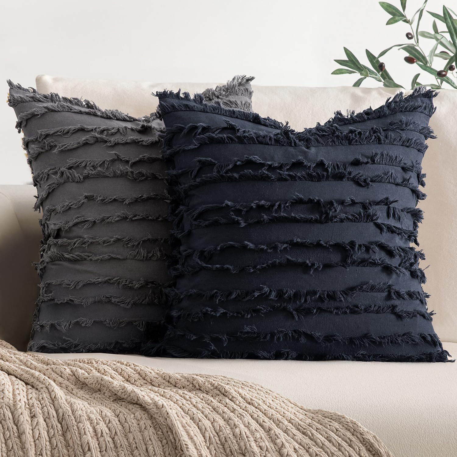 Decorative Boho Throw Pillow Covers Linen Striped Jacquard Pattern / 18 x 18 / Navy Blue / Set of 2