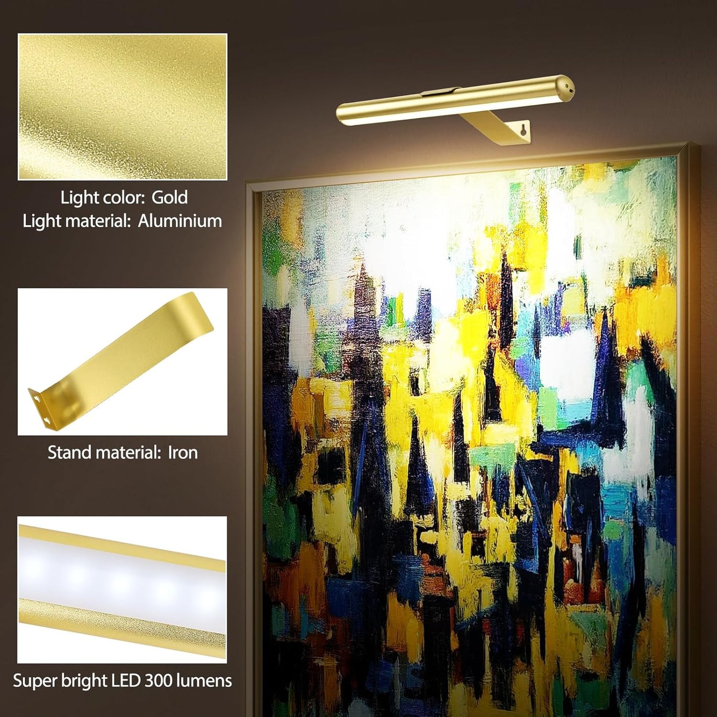 22'' Picture Light Gold for Painting with 3 Lighting,Rechargeable Wall Art Light for Painting Brightness