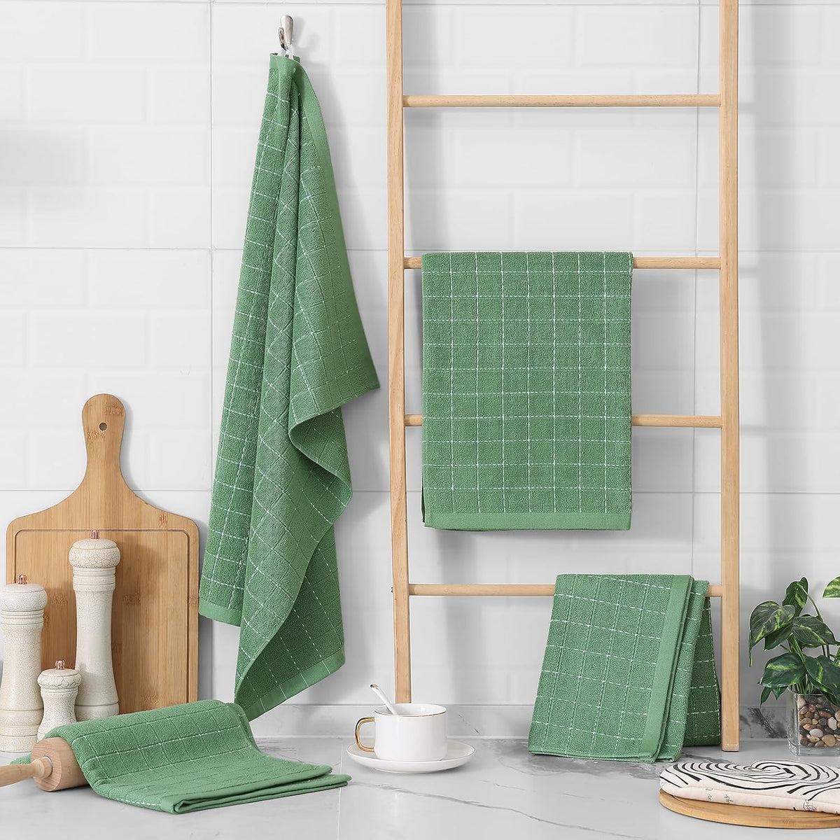 Homaxy 100% Cotton Terry Kitchen Towels, Large 8 Pack, Grass Green | Ultra Soft and Absorbent Dish Towels for Kitchen