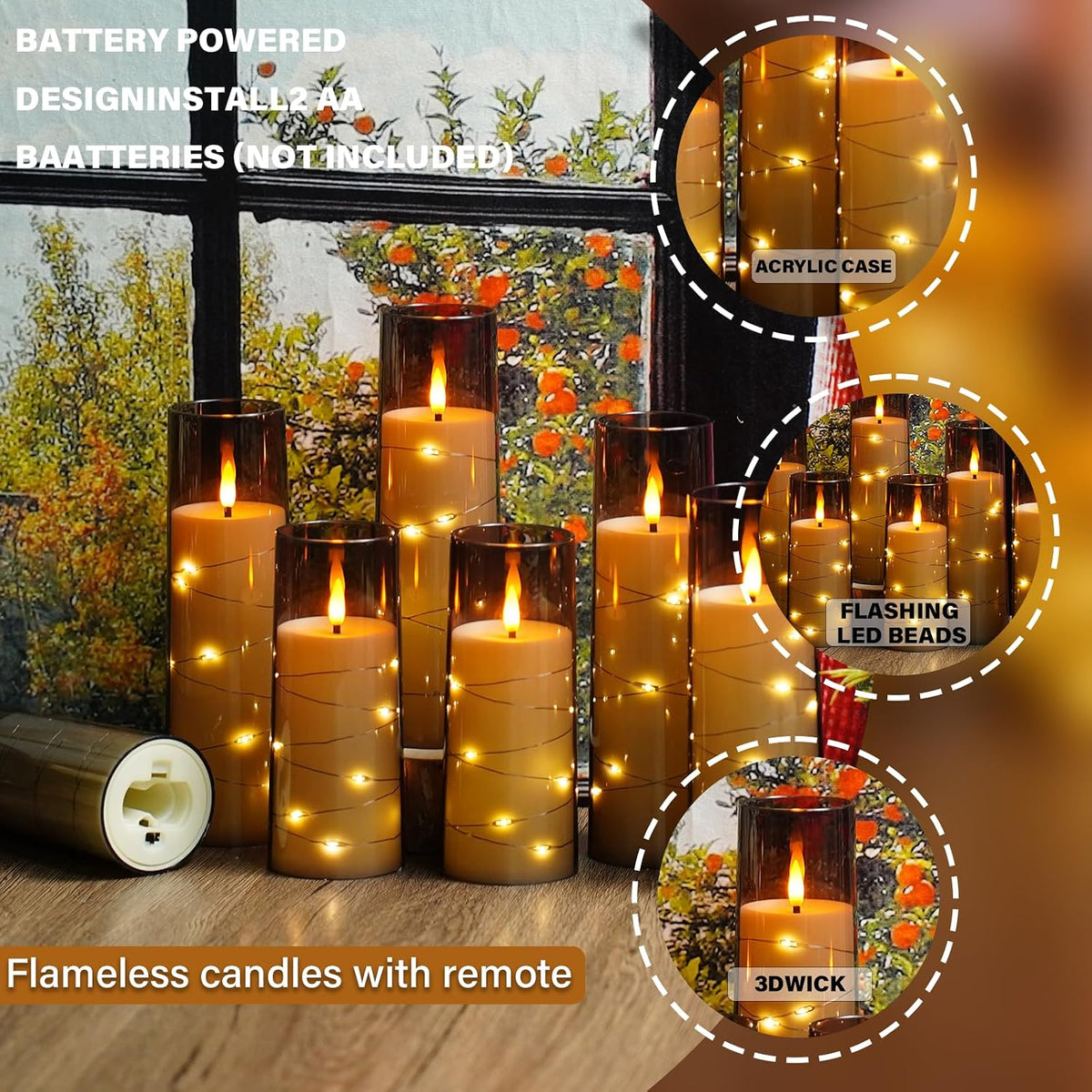 Nimiko Flickering Flameless LED Candles,Battery Operated Candles 24 Pcs with Embedded Star String,Acrylic LED Pillar