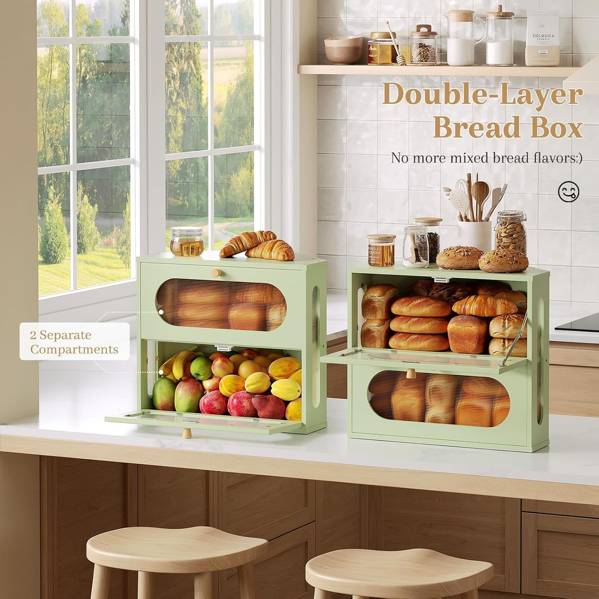 Corner Bread Box for Kitchen Countertop, 2026 New Double Layer Bamboo Bread Storage Bin, Large Bread Container for