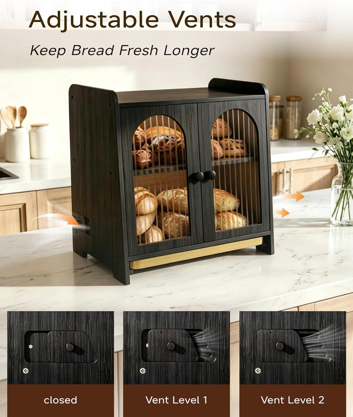 Bread Box for Kitchen Countertop, Large Double Layer Wooden Bread Storage Container with Acrylic Window, Adjustable Air