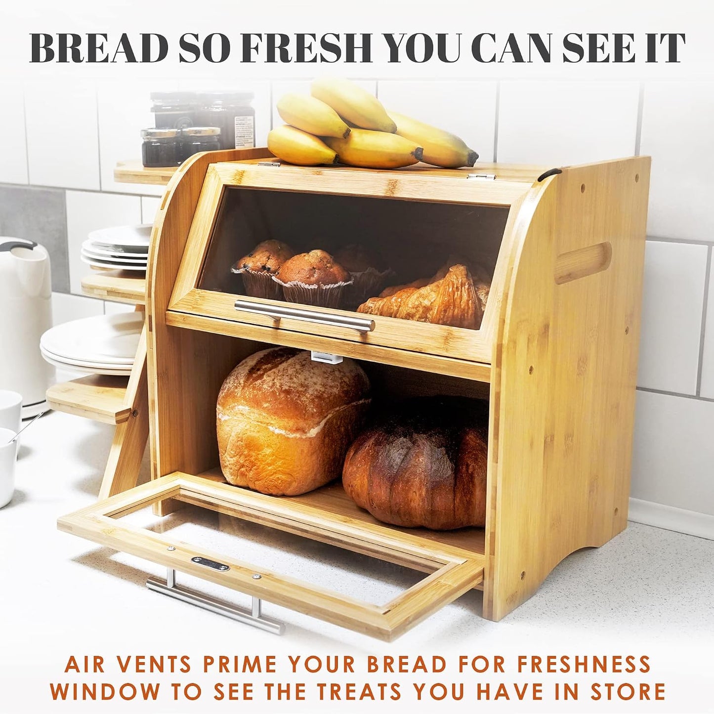 Arise Bamboo Wooden Bread Box for Kitchen Countertop, Extra Large 2-Shelf | Bread Storage Container with Clear Windows