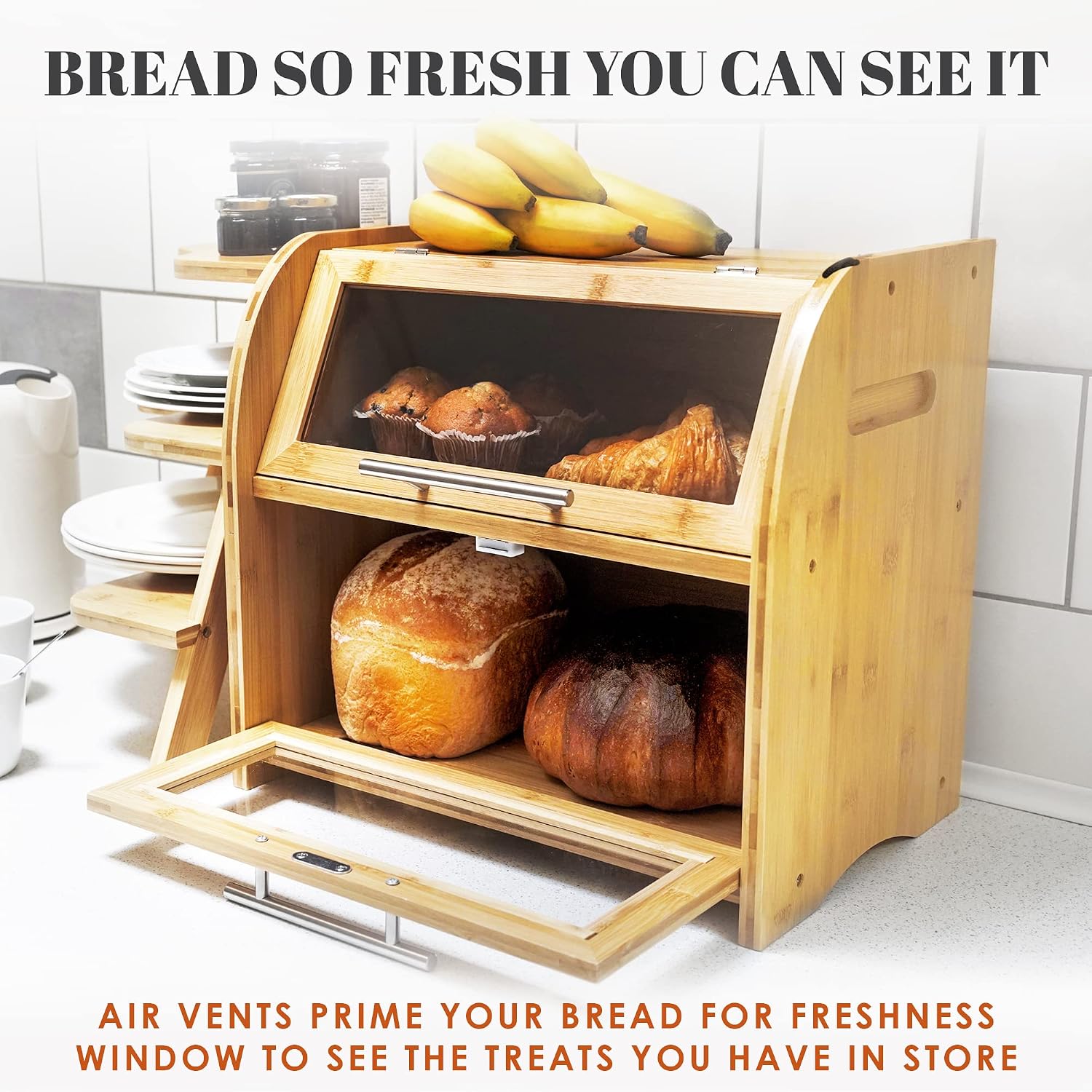 Arise Bamboo Wooden Bread Box for Kitchen Countertop, Extra Large 2-Shelf | Bread Storage Container with Clear Windows