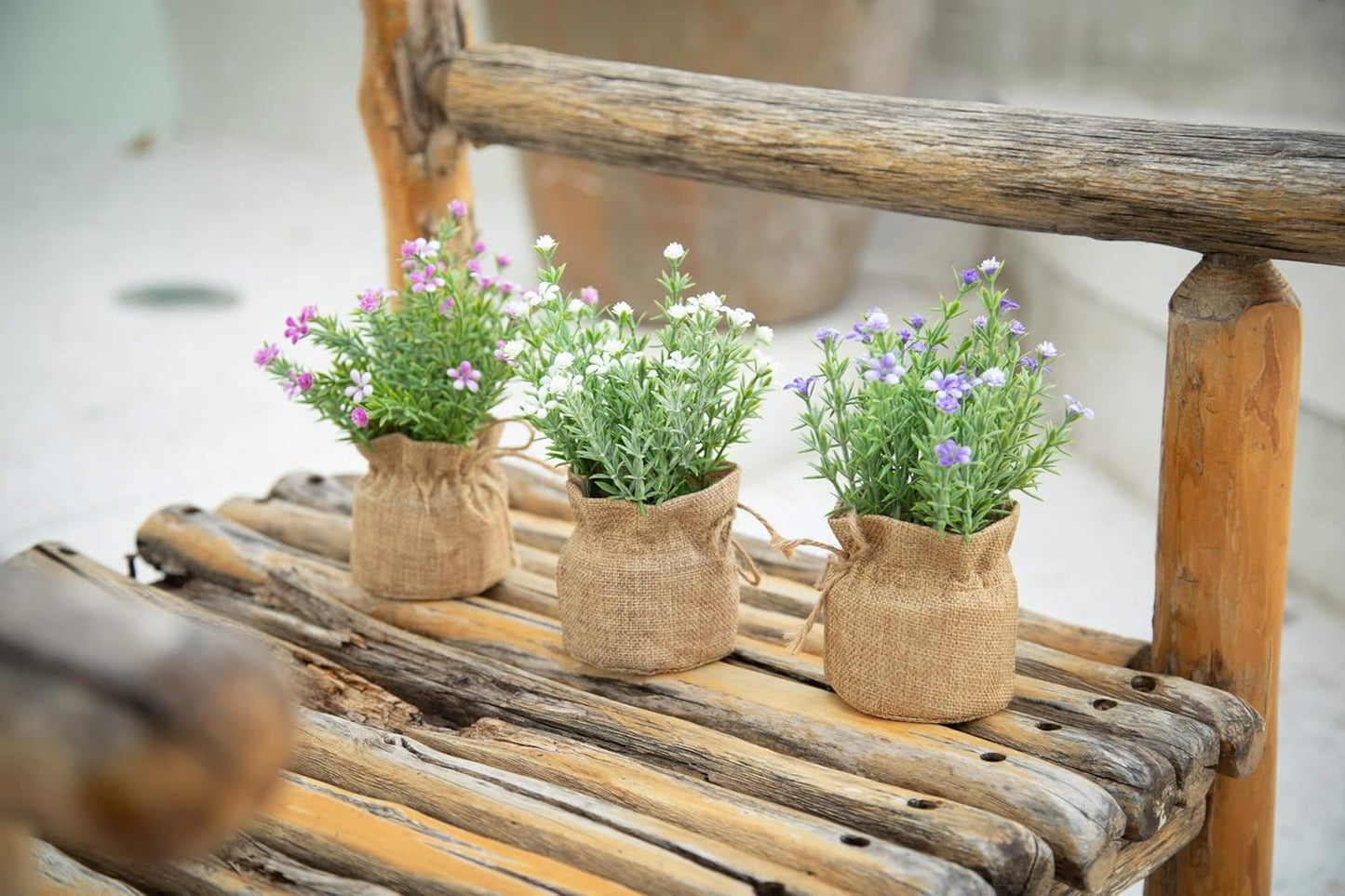 Babys Breath Artificial Flowers in Small Burlap Bag Vases -Gypsophila / White/purple/pink / Set of 3
