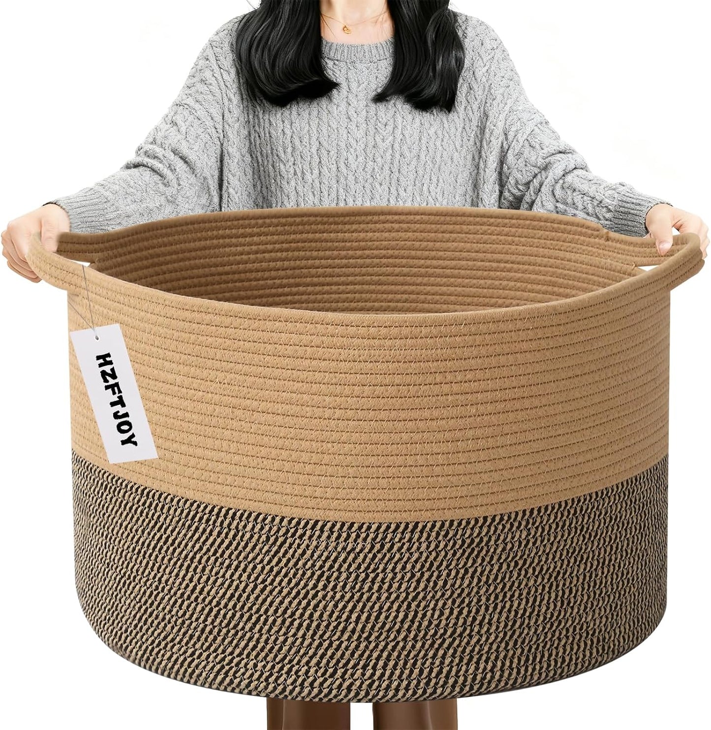 90L Extra Large Blanket Basket,Woven Rope Laundry Basket-Jute&Black