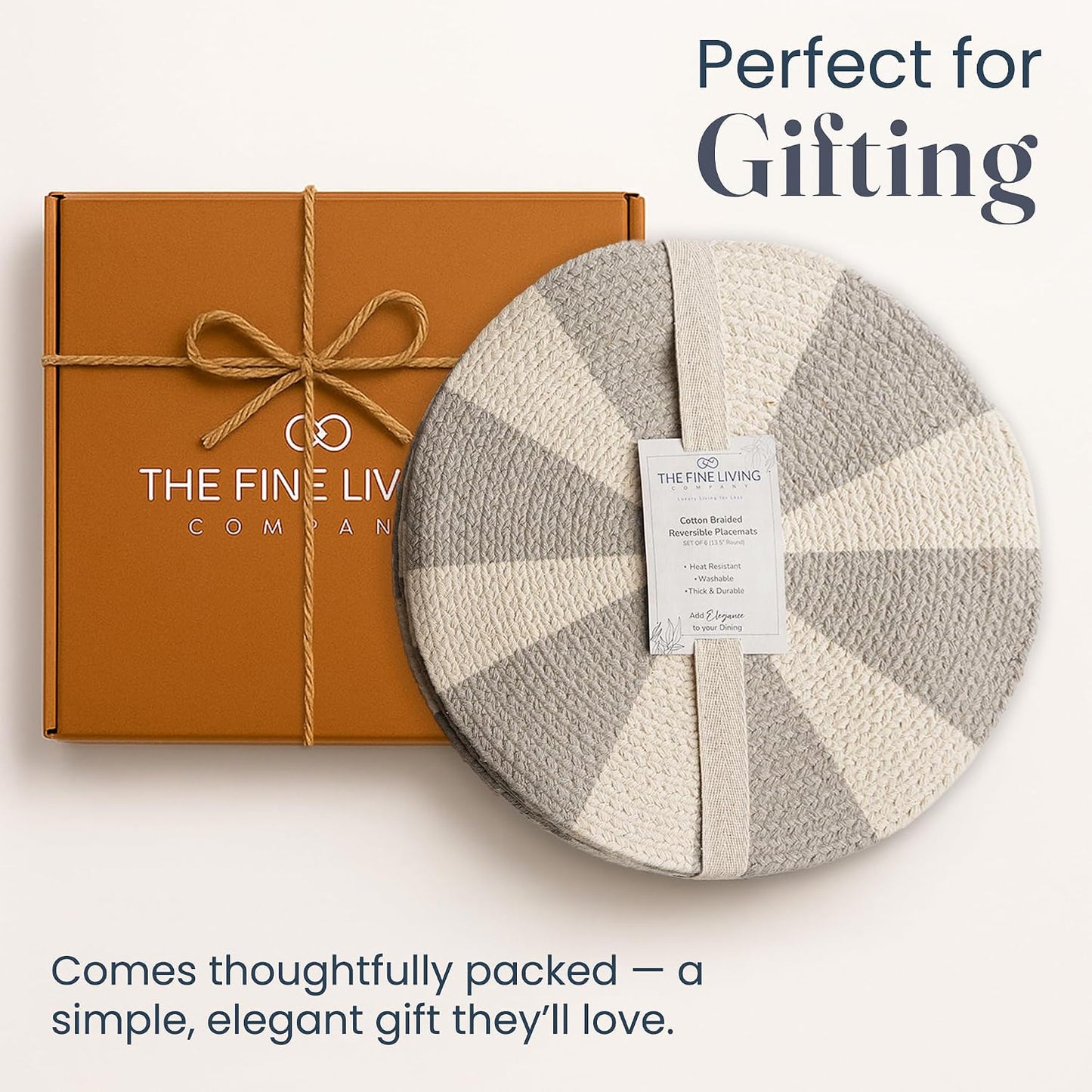 The Fine Living Braided Cotton Placemats, Round Table Mats, Set of 6,13.5" | Washable Anti-Slip Heat Resistant Braided