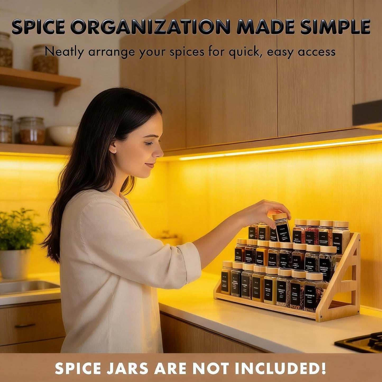 Spice Rack, Spice Organizer -3 Tier Bamboo Spice Racks, Solution for Spice Storage in Kitchens, Countertops，Storage