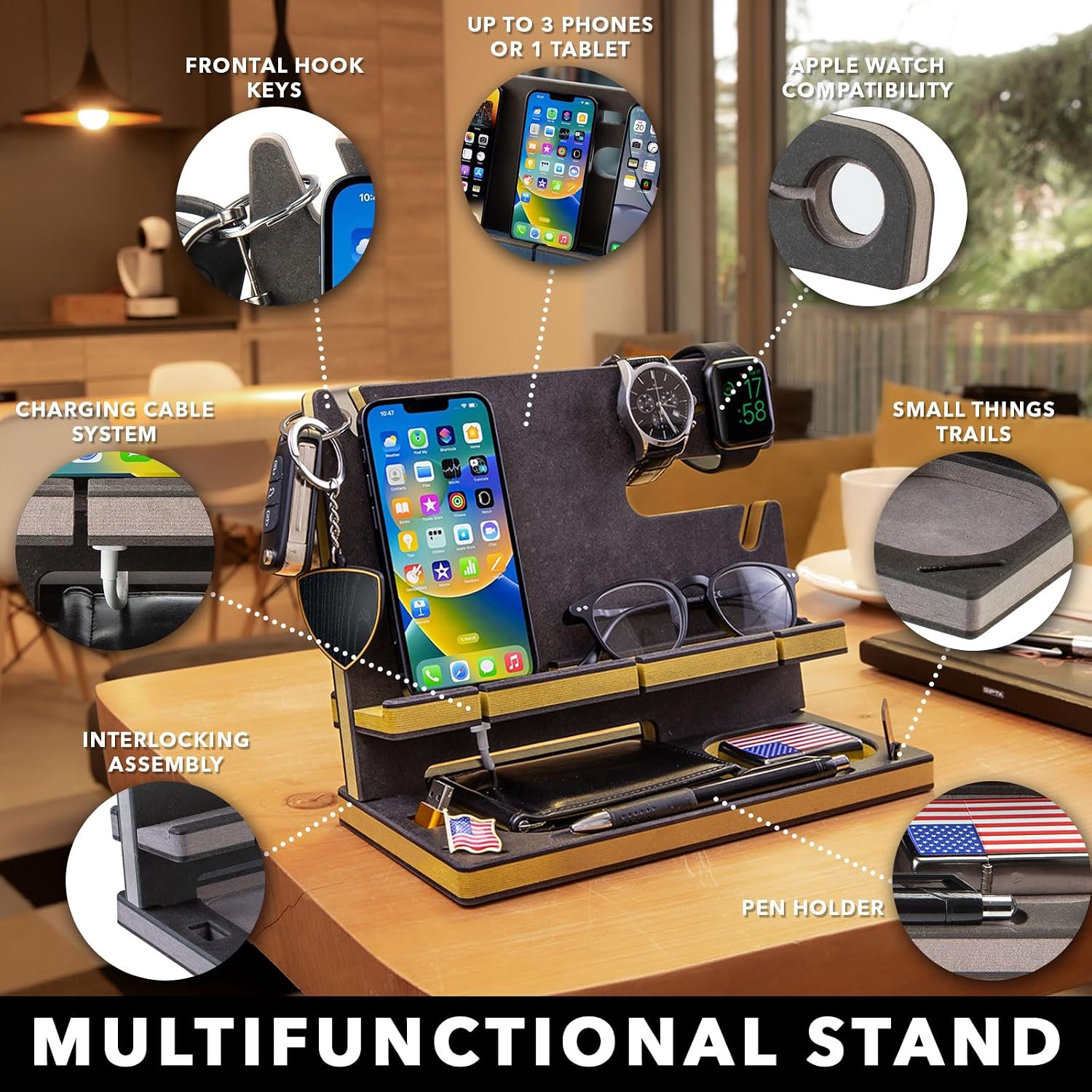 Personalized Wood Docking Station for Cell Phone, Tablet, Wallet, Gadgets, Keys, Accessories, Essentials Desk
