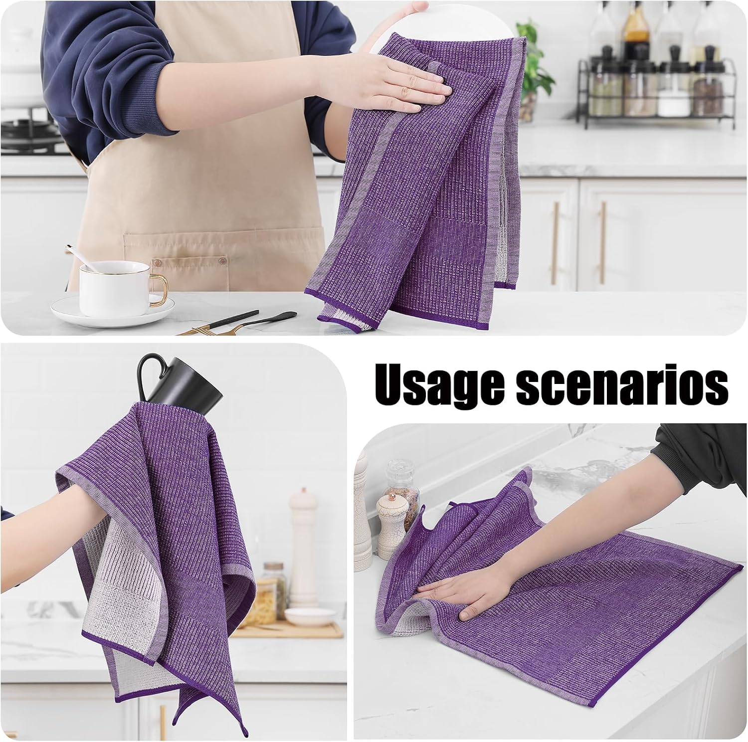 Homaxy 380 GSM Cotton Premium Kitchen Towels 6 Pack, 18"x 28", Purple | Flat and Terry Dish Towels, Highly Absorbent