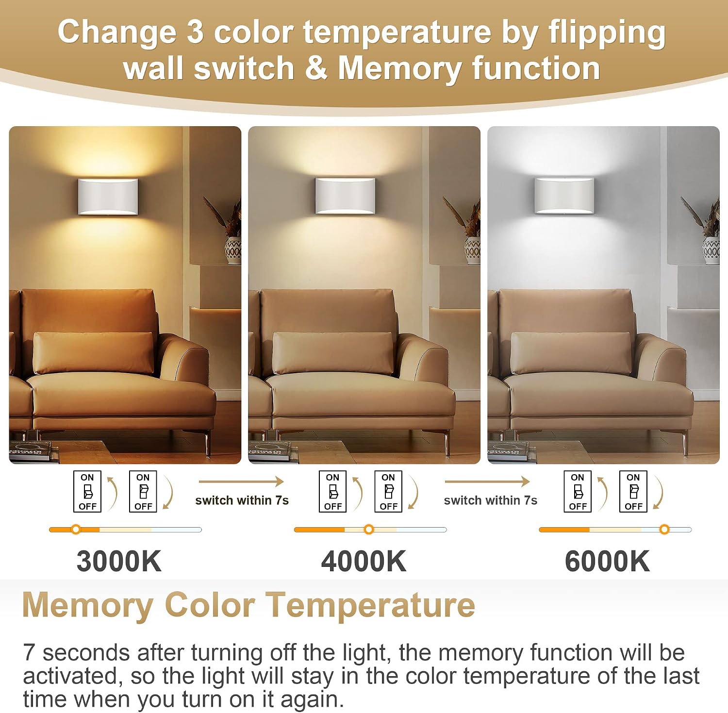 TRLIFE Dimmable Wall Sconces, 3000K/4000K/6000K Selectable Modern Wall Sconce 12W LED Aluminum Wall Mounted Light Set