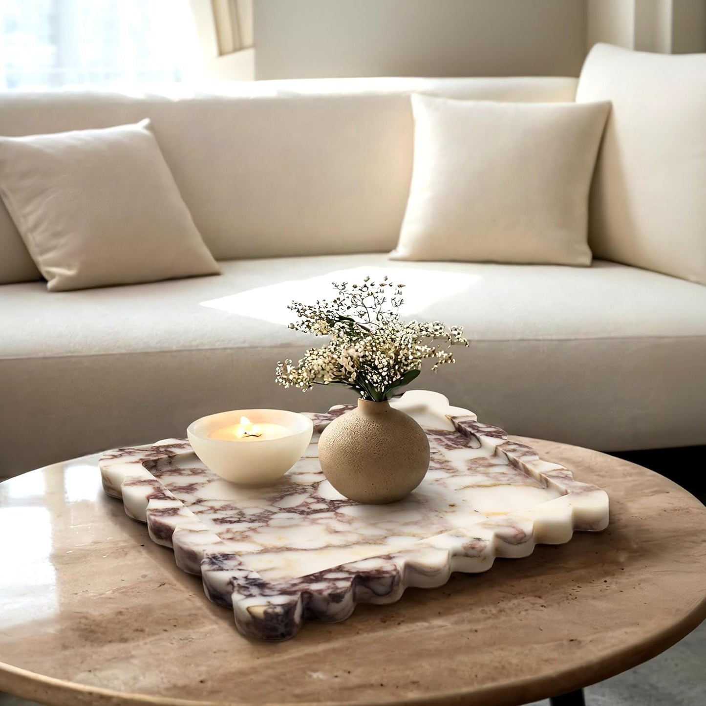Genuine Scalloped Marble Tray / Calacatta Viola / Natural