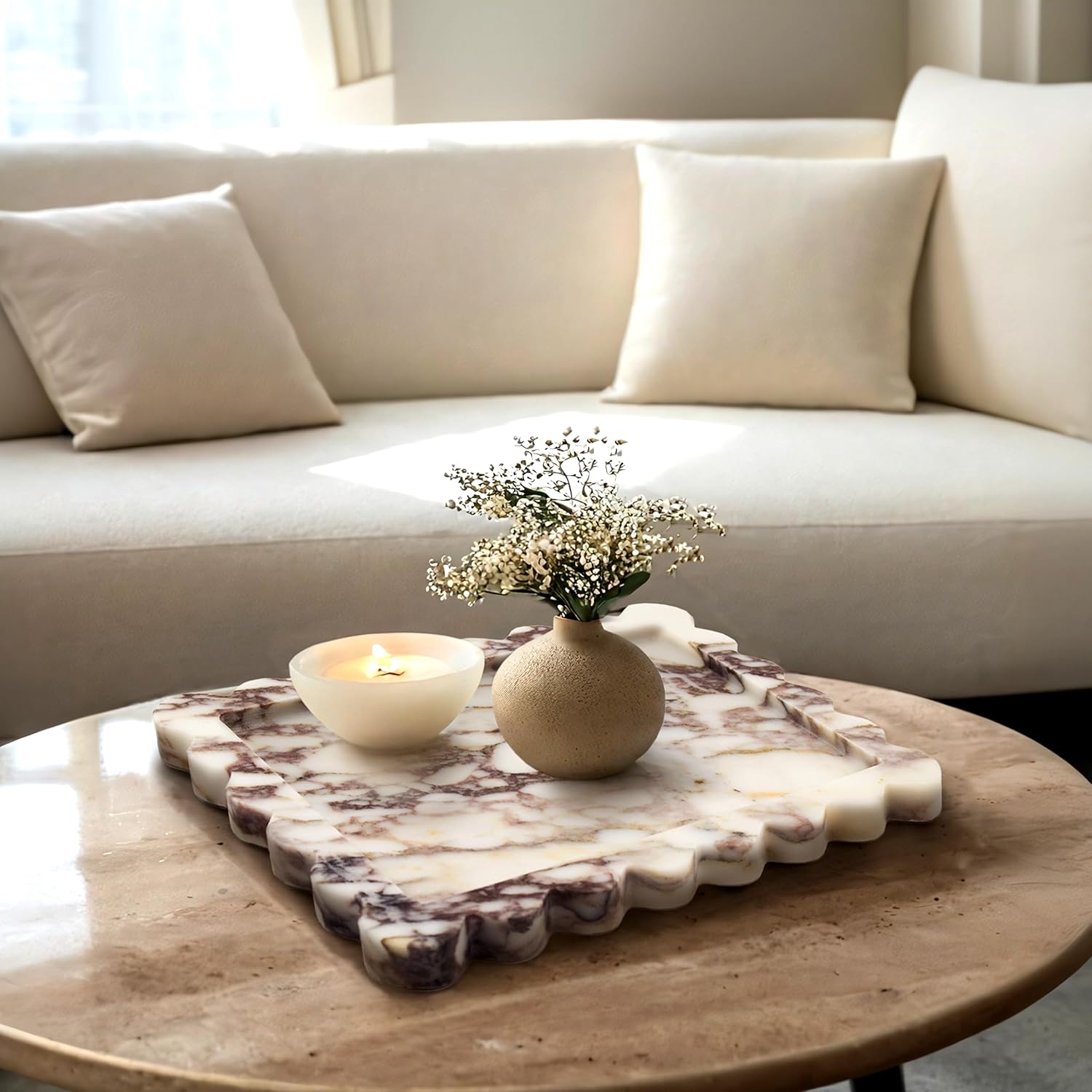 Genuine Scalloped Marble Tray / Calacatta Viola / Natural