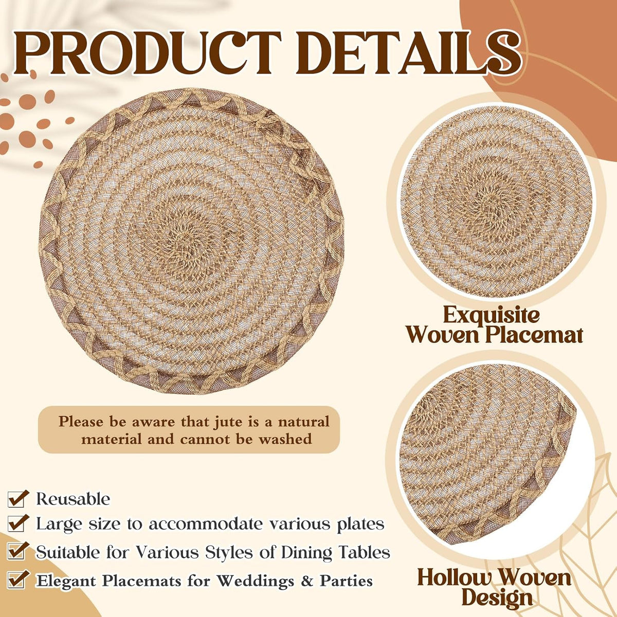 12 Set 15 Inch Round Burlap Placemat Openwork Boho Jute Woven Charger Rustic Vintage Natural Brown Heat Resistant