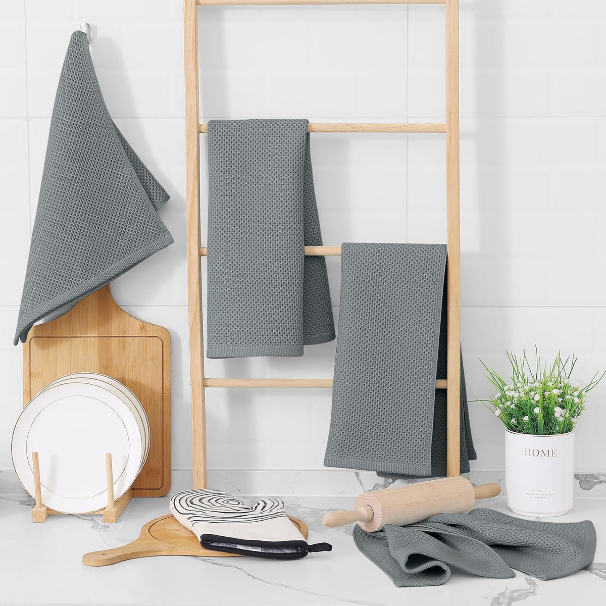 Homaxy 100% Cotton Waffle Weave Kitchen Dish Towels 18-Pack, Grey | 13 x 28 Inches, Ultra Soft Absorbent Dish Towels