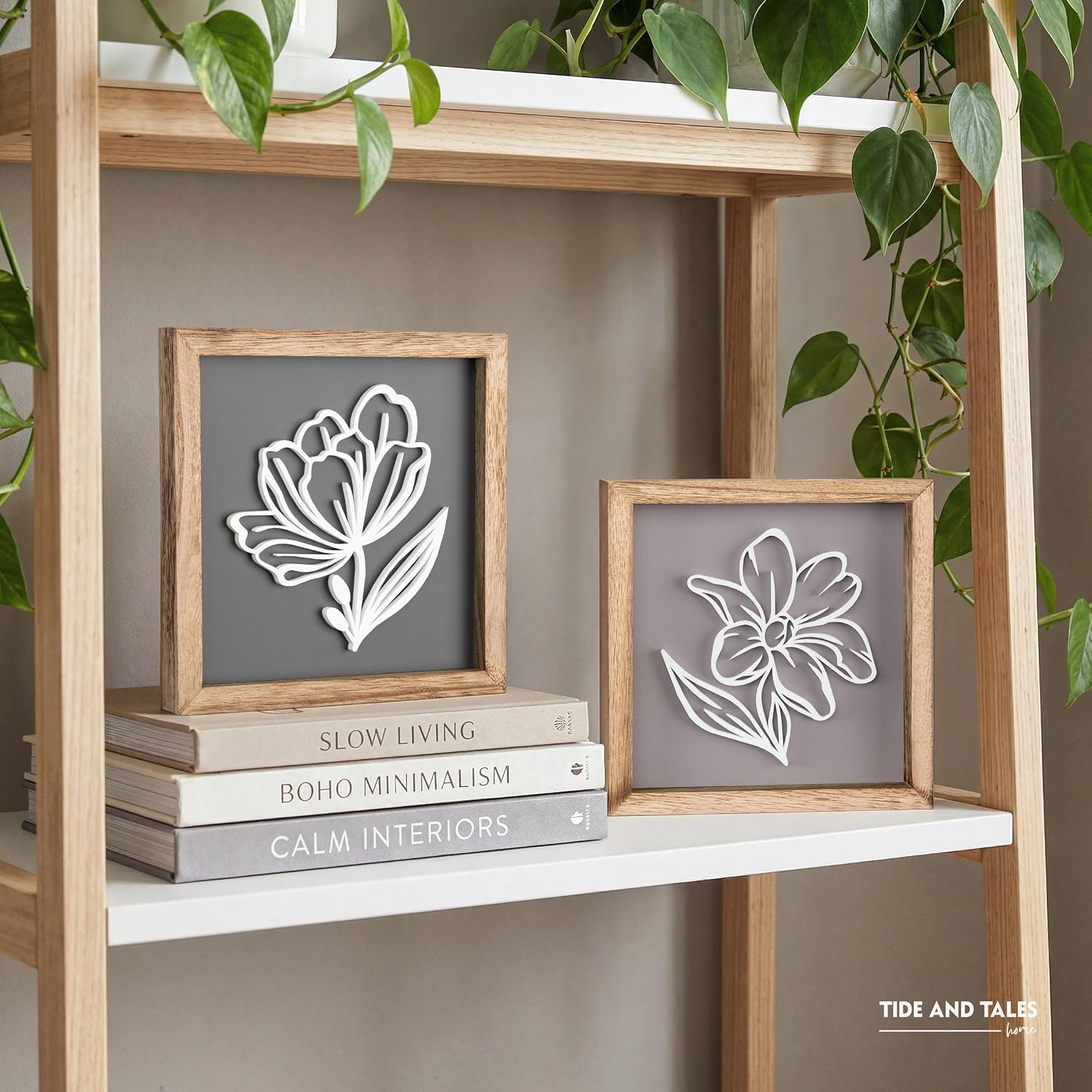 3D Botanical Floral Wall Art Ready-to-Hang Lightweight Boho Decor / 7 x 7 / Stone & Clay / Set of 2