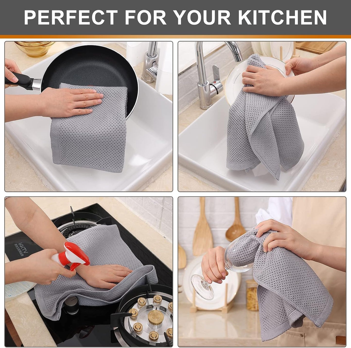 Kitinjoy 100% Cotton Waffle 8-Pack Kitchen Towels, 13" x 28", Light Grey | Super Soft, Ultra-Absorbent, Fast Drying