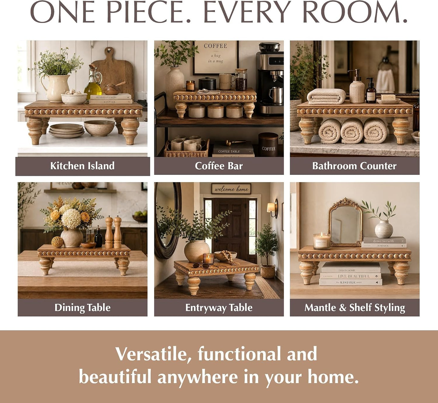 Farmhouse Beaded Riser Stand for Decor / Rustic Brown
