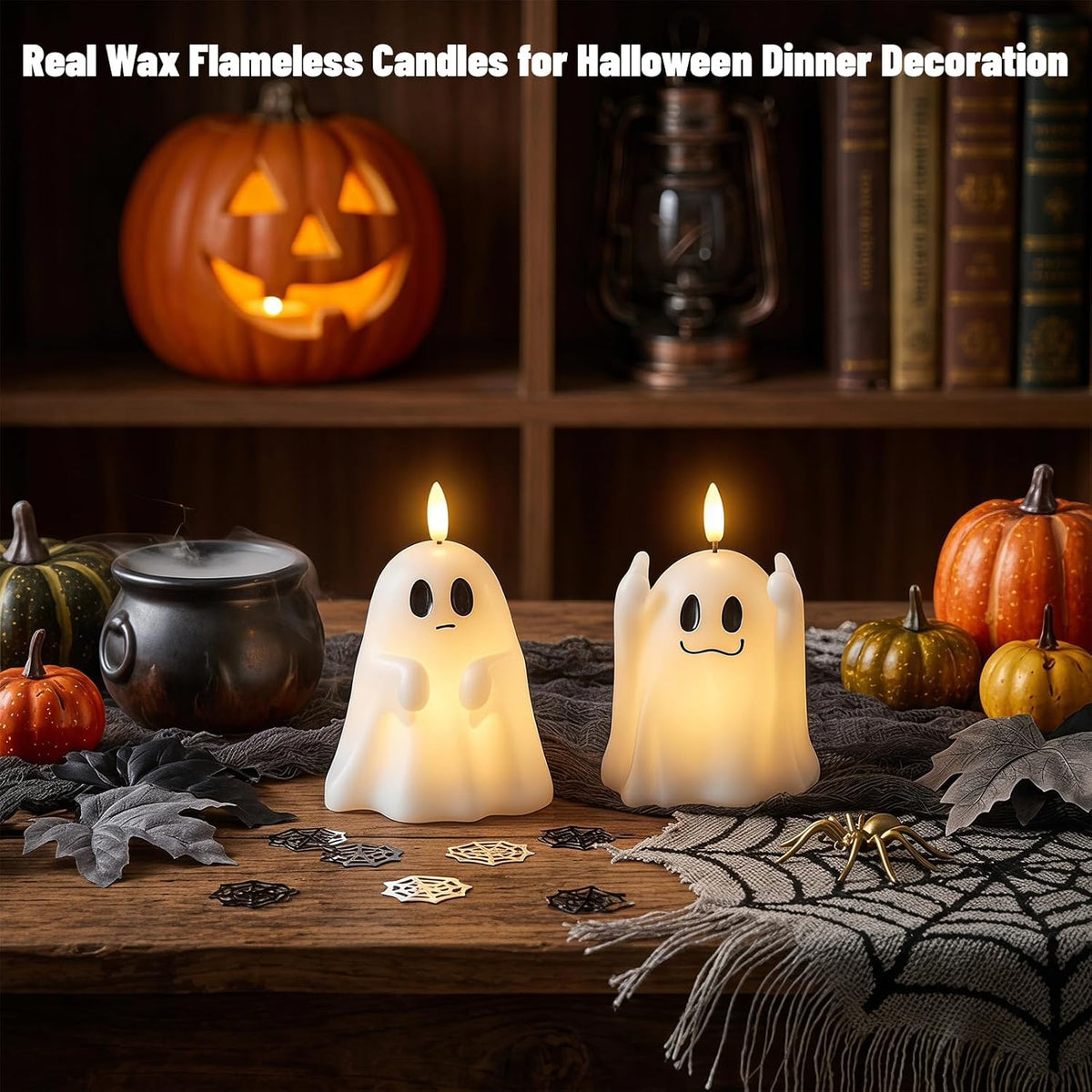 Wondise Spooky Ghost Halloween Flameless Candles with 6hrs Timer | Real Wax Battery Operated Candles 3D Flickering Wick