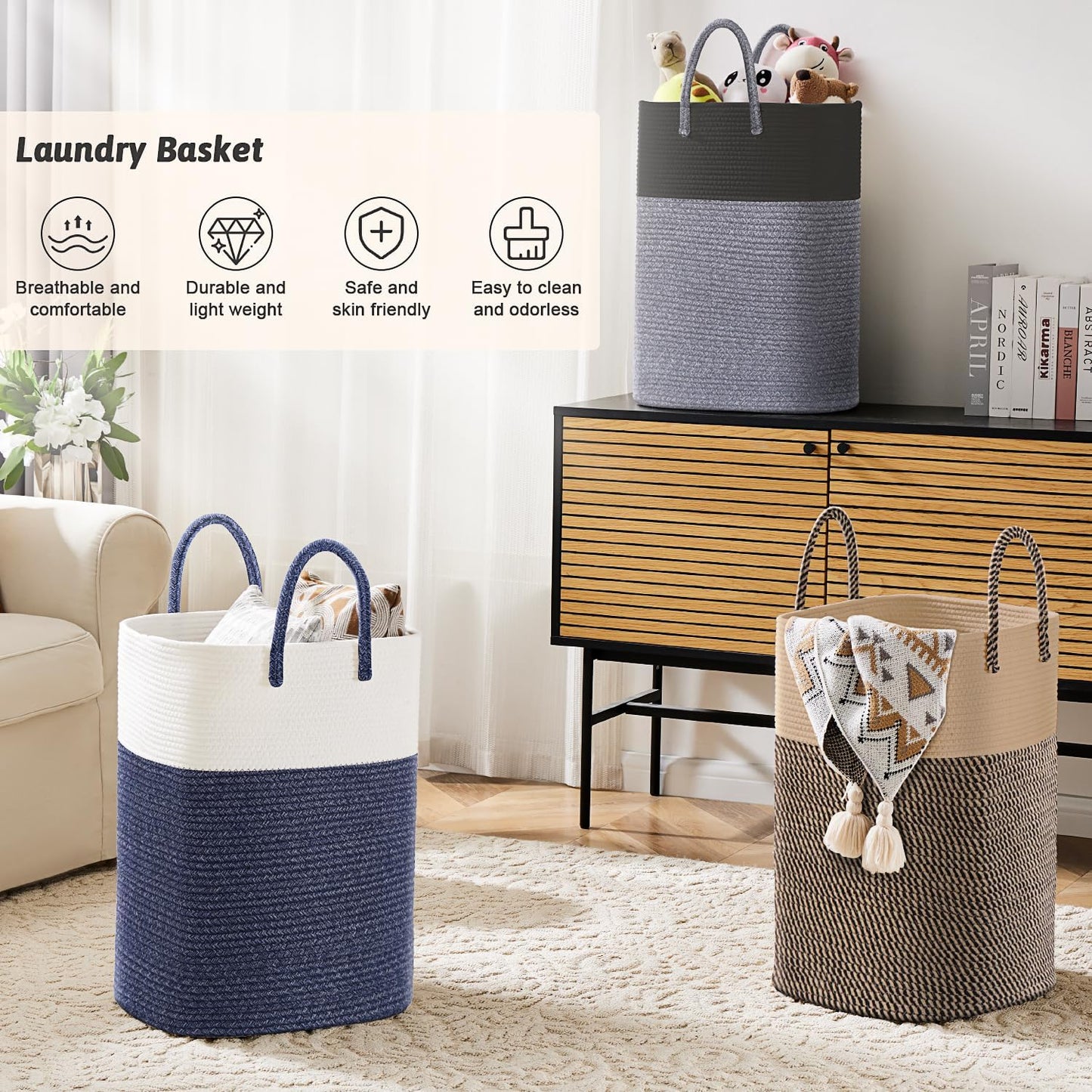 Laundry Basket / Woven Cotton Rope Laundry Hamper / 60L / Blue