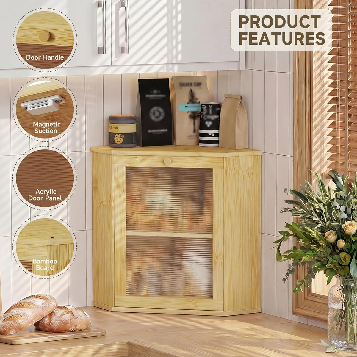 Bread Box for Kitchen Corner Countertop,Large Bread Basket(Natural,X-Large) | Double Layer Bamboo Bread Storage