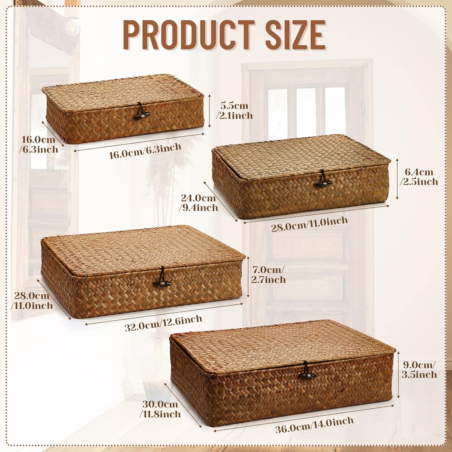 Seagrass Basket / Lid Wicker Storage Basket Decorative Storage Boxes / Brown / Set of 4