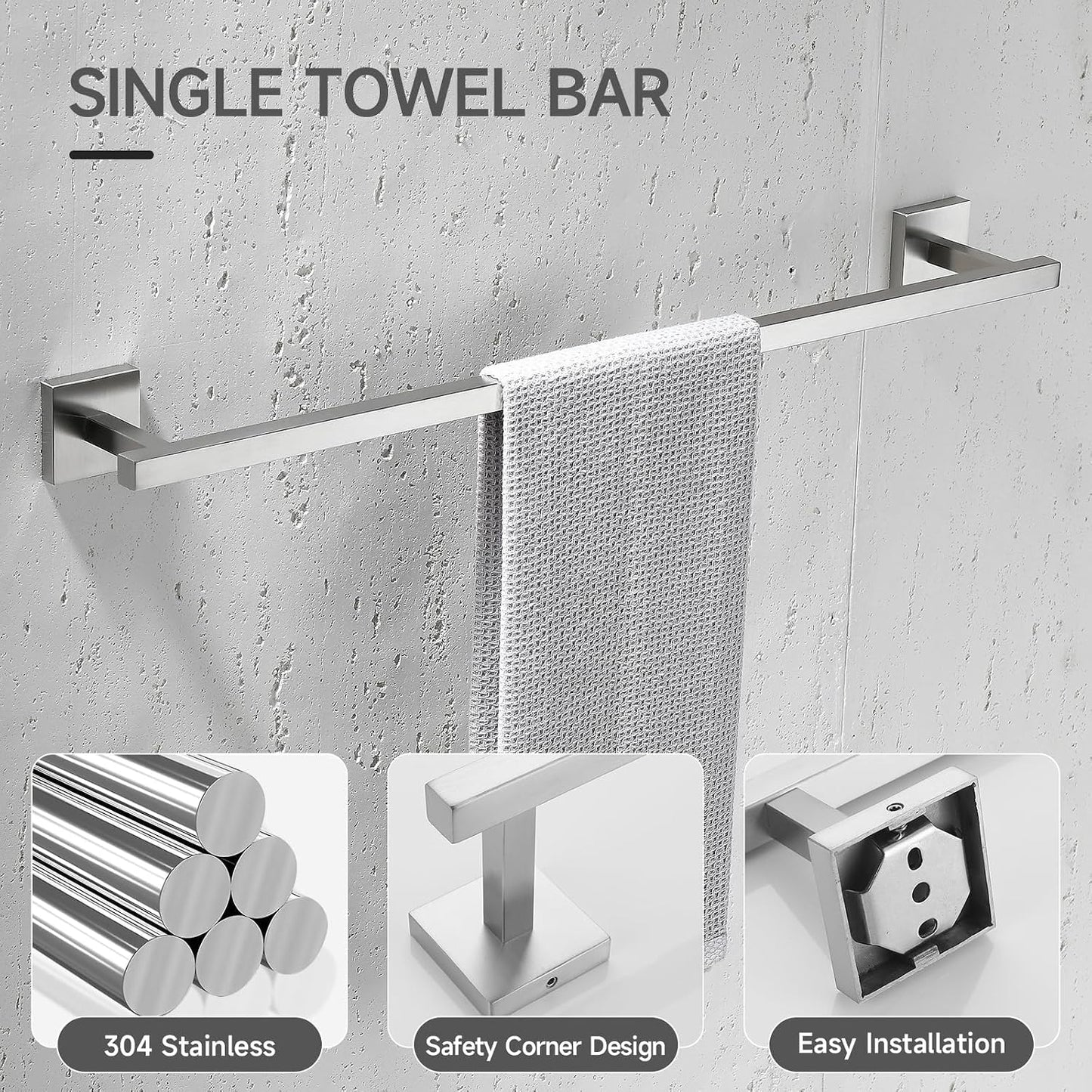 TQKAG 5-Piece Bathroom Hardware Set, Brushed Nickel Classic Wall Mounted | SUS304 Stainless Steel, Towel Bar Set, Towel