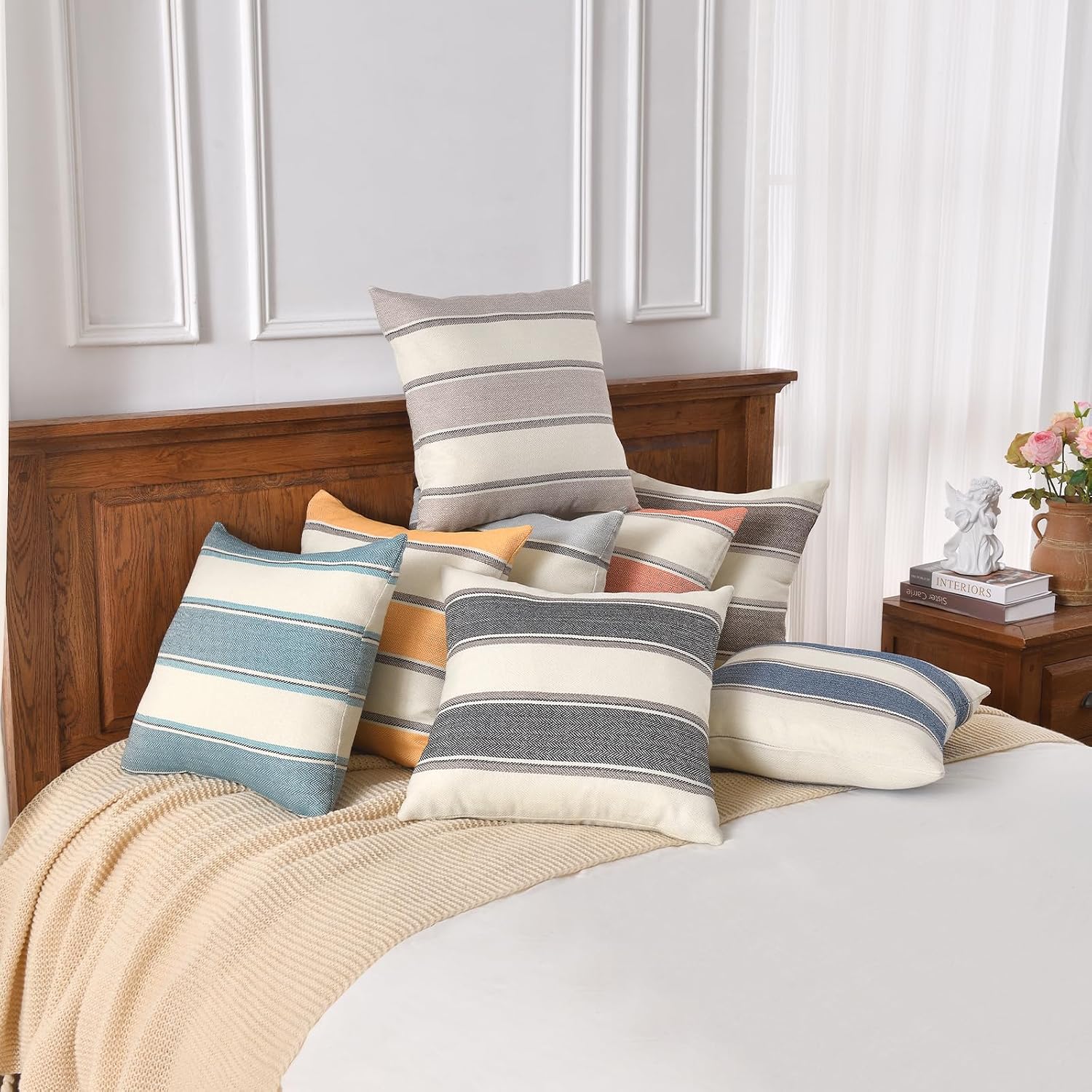 Farmhouse Linen Throw Pillow Cover Cushion Stripe Decoration Buffalo / 22 x 22 / Yellow / Set of 2