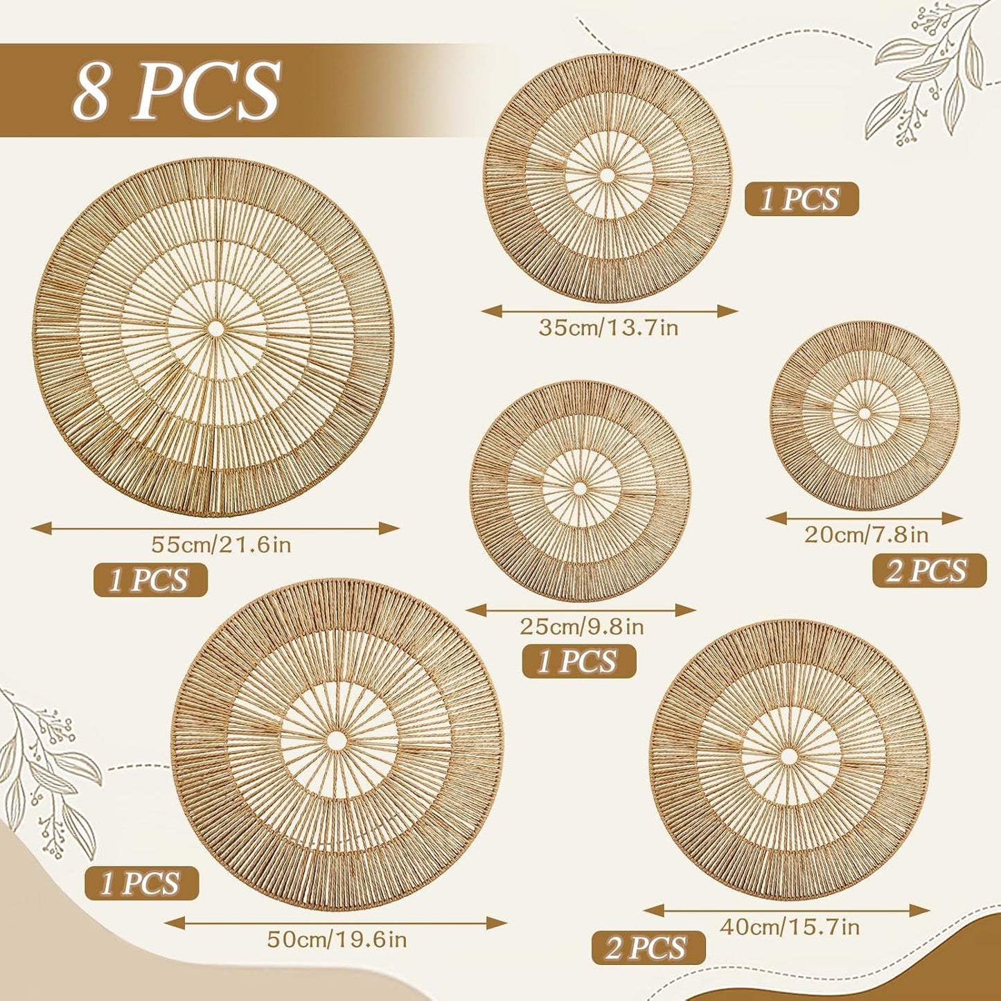Boho Wall Decoration Jute Wall Decor Baskets Round Hand Woven Wicker Rattan Wall Art / Set of 8