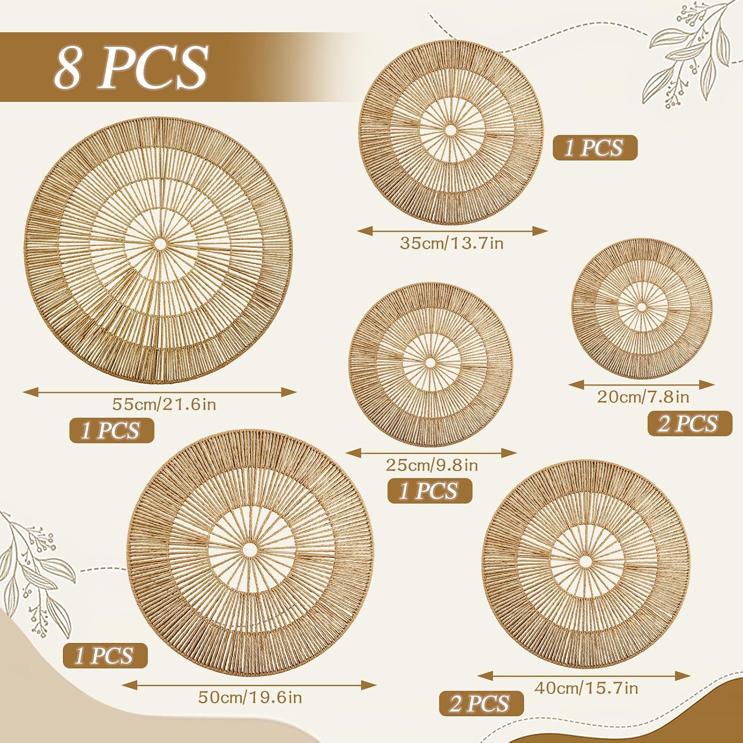 Boho Wall Decoration Jute Wall Decor Baskets Round Hand Woven Wicker Rattan Wall Art / Set of 8