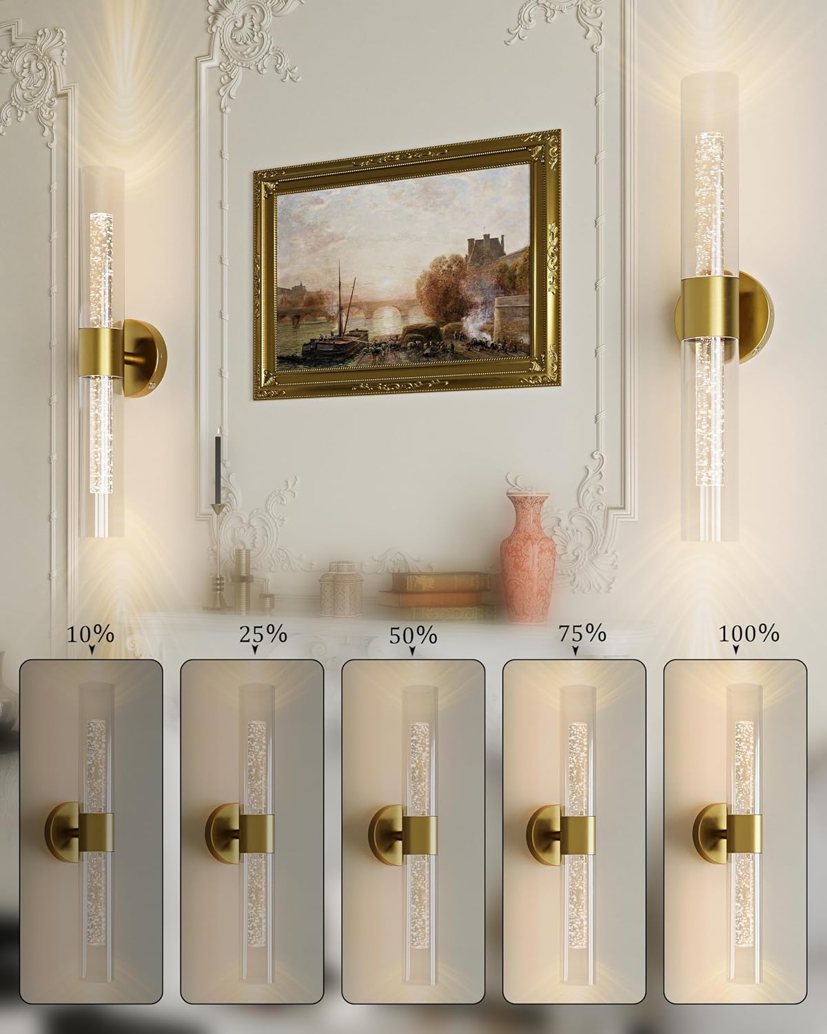 Gold Wall Sconces Battery Operated with Remote Control, 21.5 Inch 3CCT | Rechargeable Wall Sconce with Timer, Dimmable