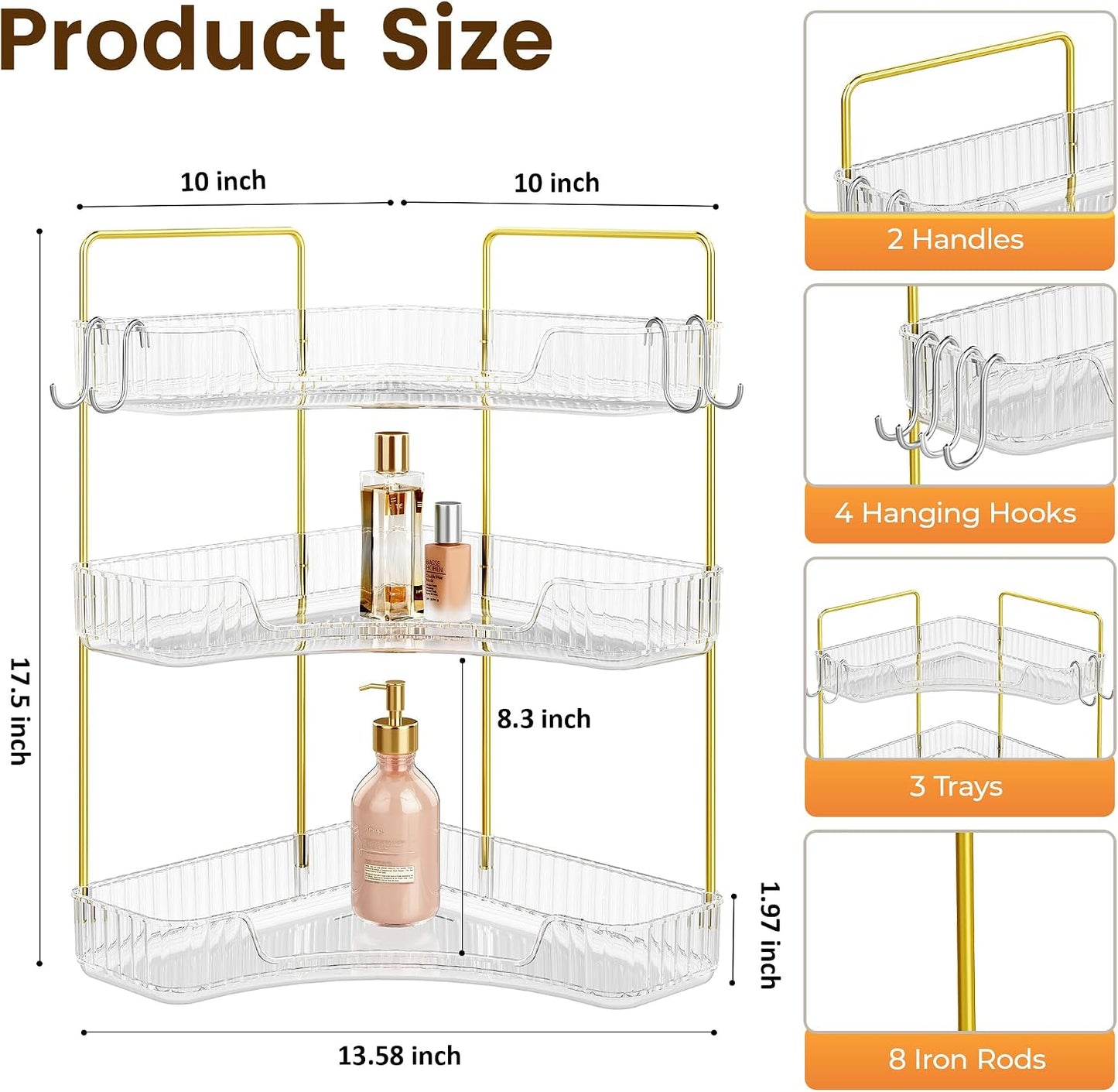 Corner Bathroom Counter Organizer 3-Tier Bathroom Organizer | Storage Countertop with Hooks Perfume Organizers Storage