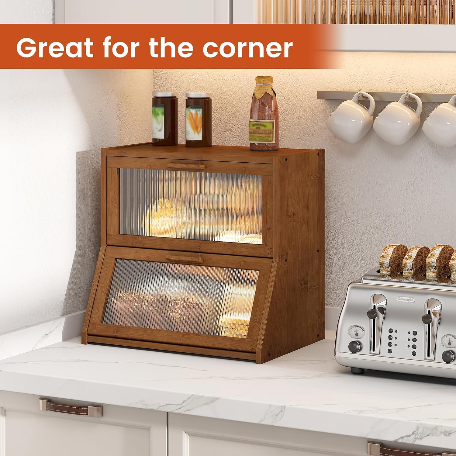 GHWIE Double Layer Bamboo Bread Box for Kitchen Counter,Large Capacity Bread Storage Bin,Bread Container with Acrylic