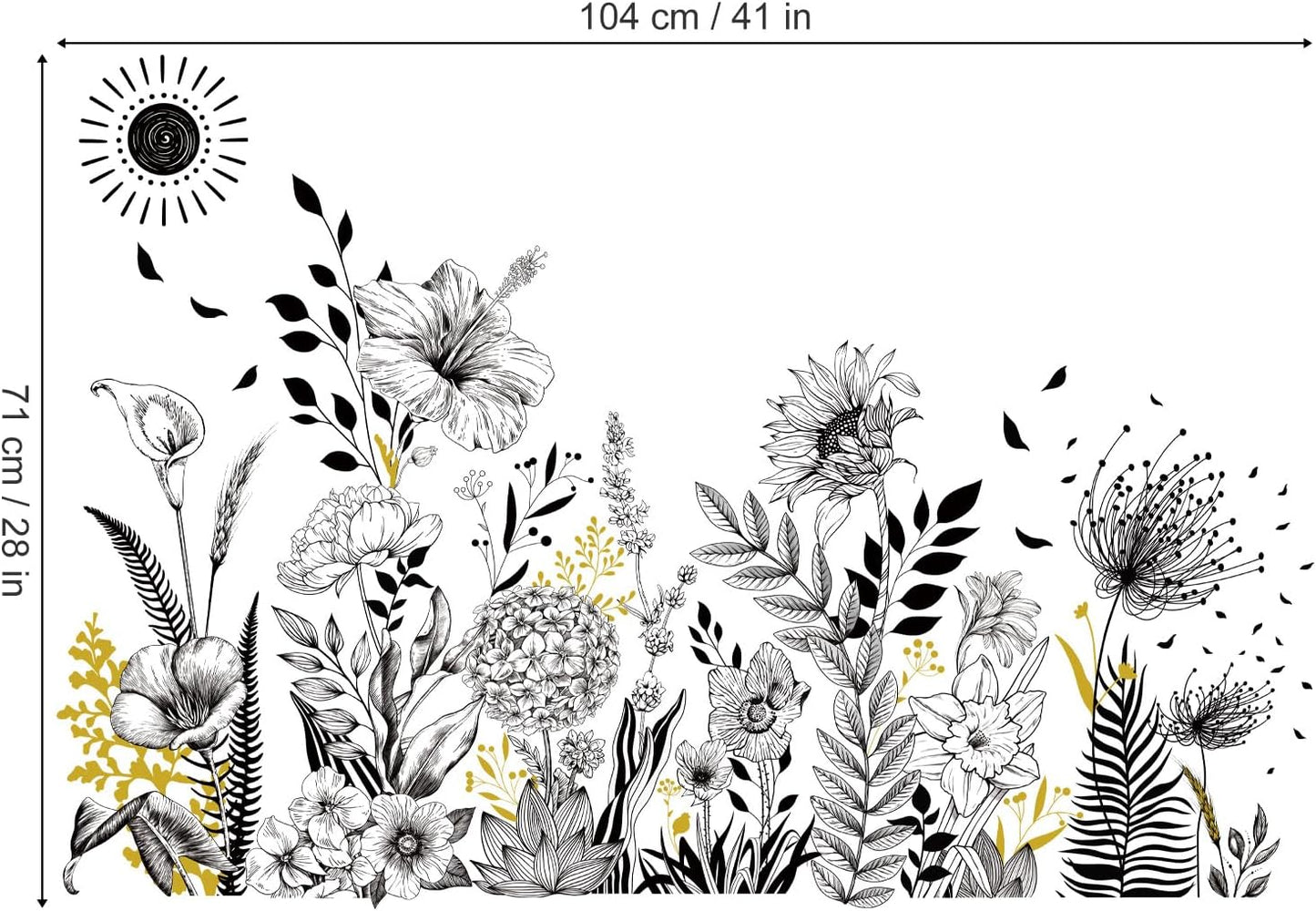 White Garden Flower Wall Stickers Wildflower Floral Sunflower Poppy Wall Art Decals / Black